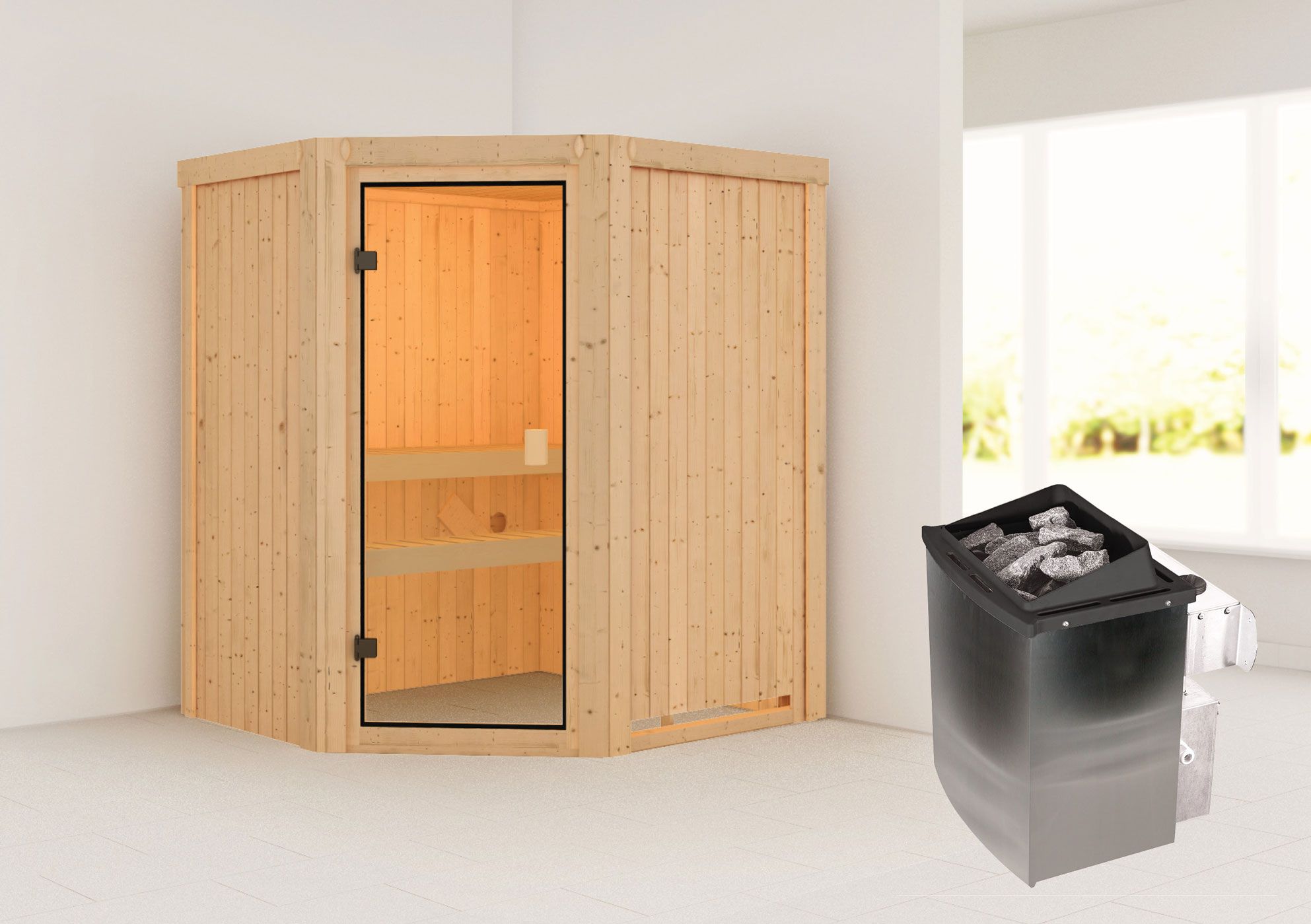 Sauna "Geysa" SET - Kleur: Natuurlijk, Kachel 9 kW - 170 x 151 x 198 cm (B x D x H)