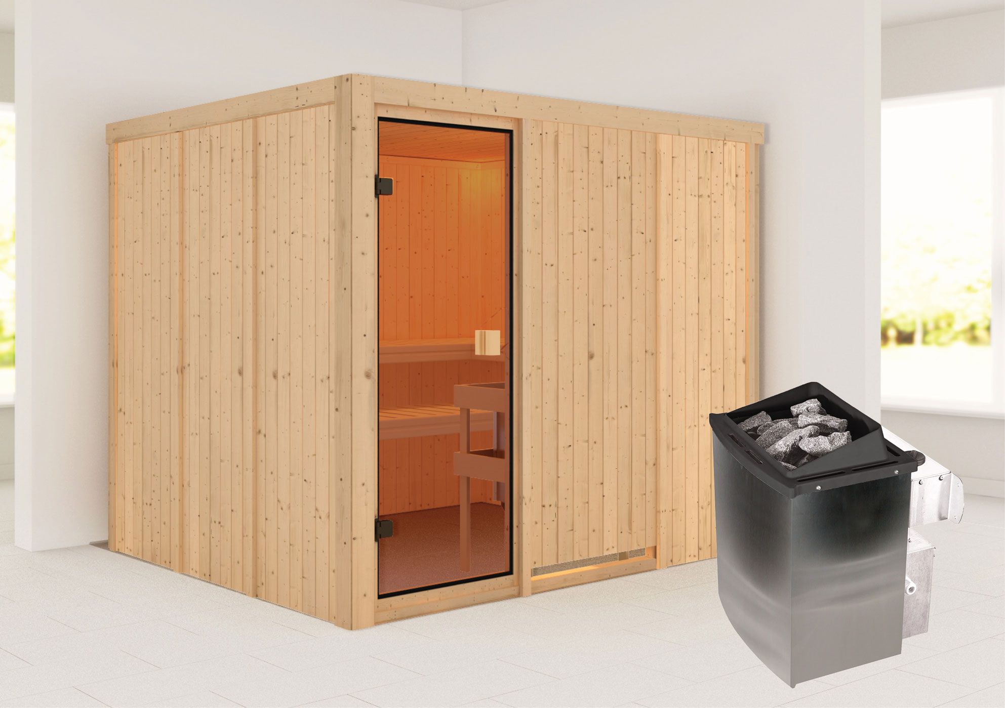 Sauna "Anders" SET met bronskleurige deur - kleur: natuur, kachel 9 kW - 231 x 196 x 198 cm (B x D x H)