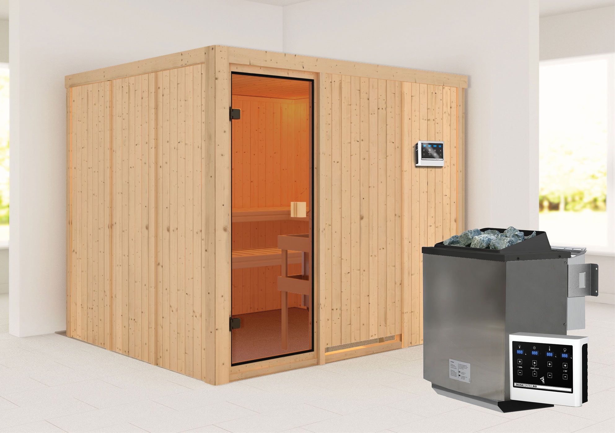 Sauna "Anders" SET met bronskleurige deur - kleur: natuur, kachel BIO 9 kW - 231 x 196 x 198 cm (B x D x H)