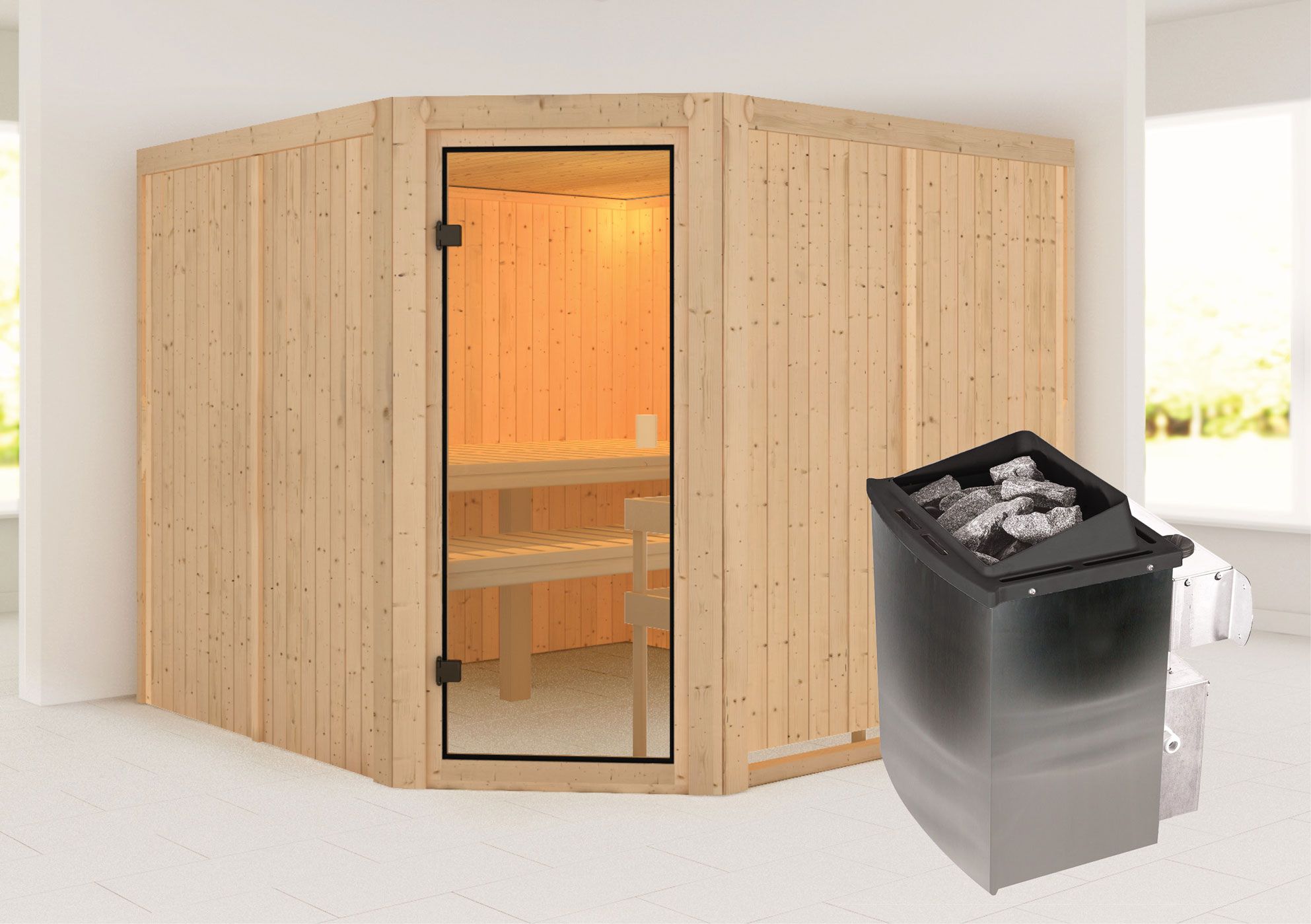 Sauna "Ilian" SET met bronskleurige deur - kleur: natuur, kachel 9 kW - 231 x 231 x 198 cm (B x D x H)