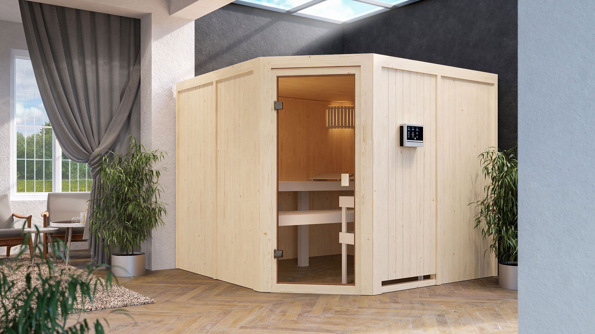 Sauna "Ilian" SET met bronskleurige deur - kleur: natuur, kachel externe regeling eenvoudig 9 kW - 231 x 231 x 198 cm (B x D x H)