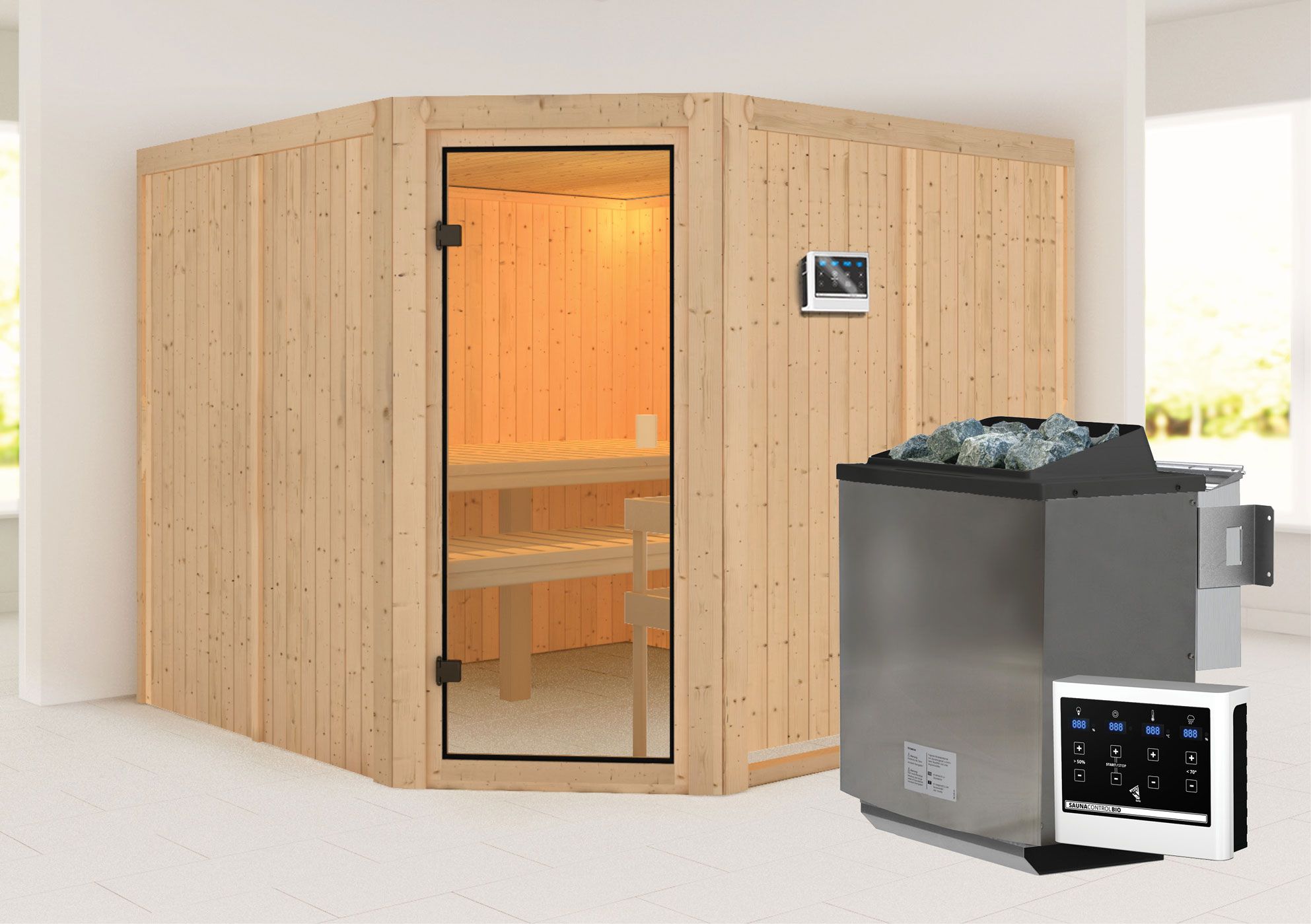 Sauna "Ilian" SET met bronskleurige deur - kleur: natuur, oven BIO 9 kW - 231 x 231 x 198 cm (B x D x H)