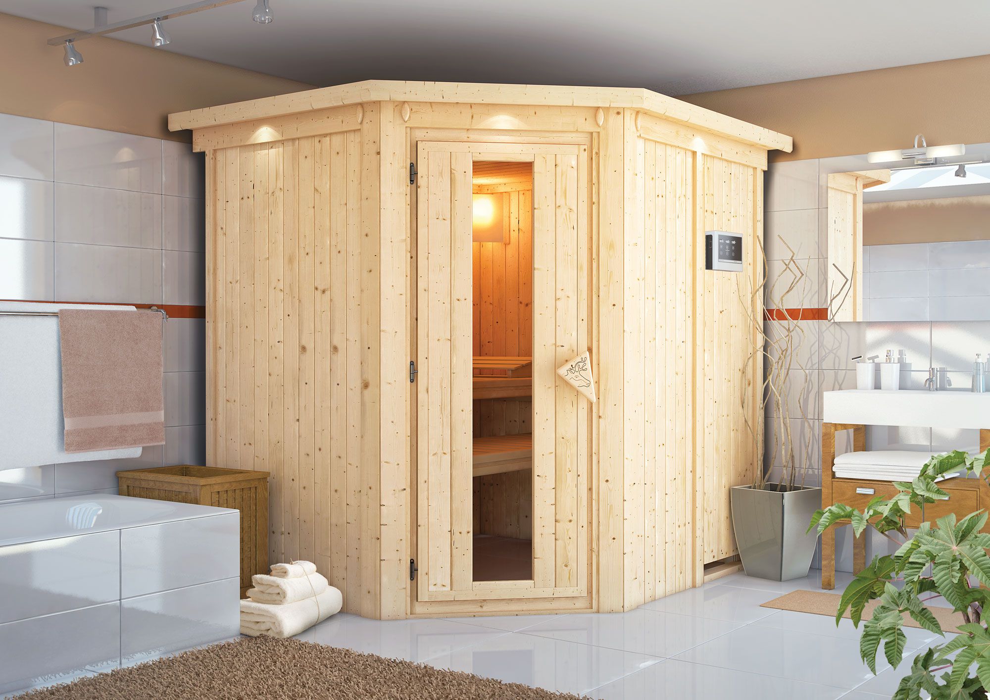Sauna "Gylfi" met kroon en kachel externe regeling gemakkelijk 3,6 kW Modern - 210 x 184 x 202 cm (B x D x H)