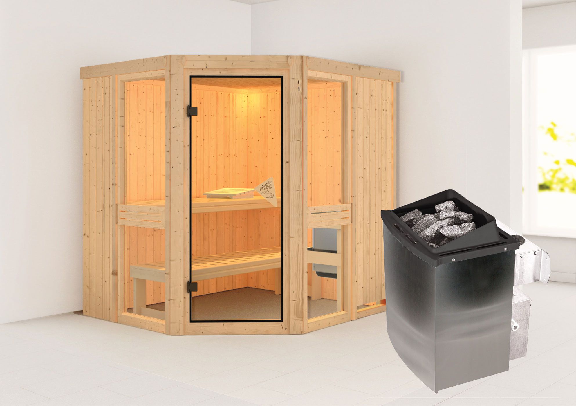 Sauna "Tjelvar 1" SET met bronskleurige deur & kachel 9 kW roestvrij staal. - 196 x 170 x 198 cm (B x D x H)