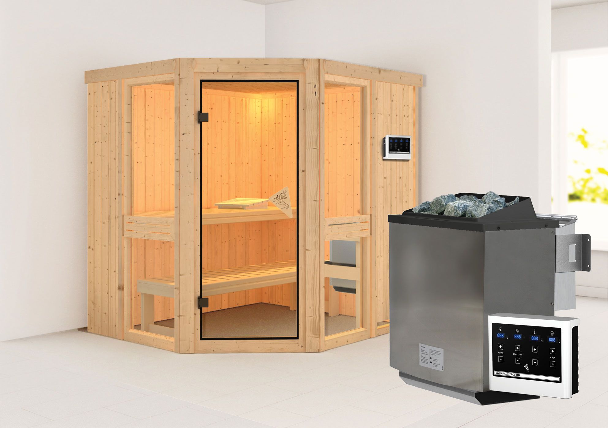Sauna "Tjelvar 1" SET met bronskleurige deur & kachel BIO 9 kW roestvrij staal - 196 x 170 x 198 cm (B x D x H)