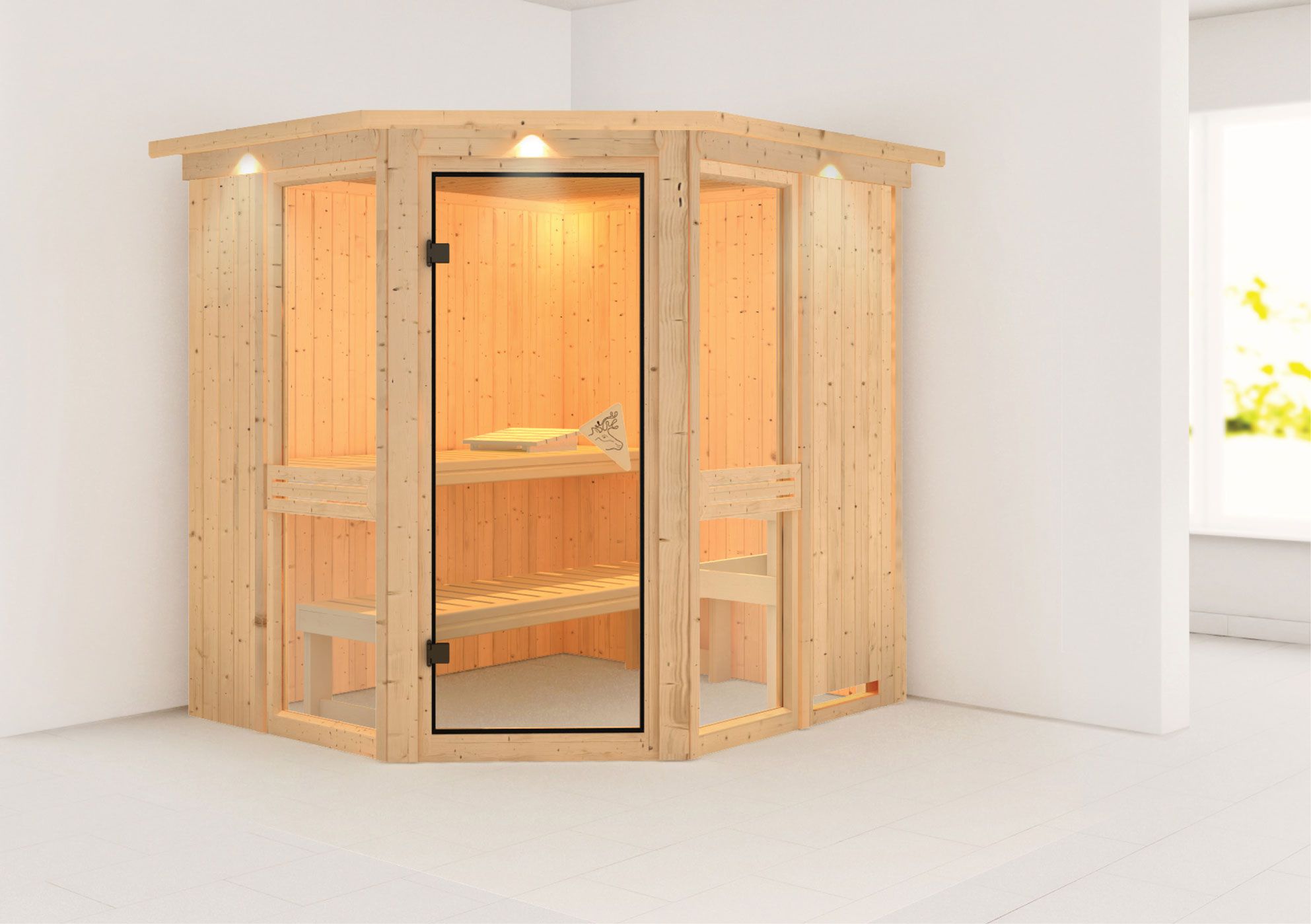 Sauna "Tjelvar 1" SET met bronskleurige deur en rand - Kleur: Natuurlijk - 210 x 184 x 202 cm (B x D x H)