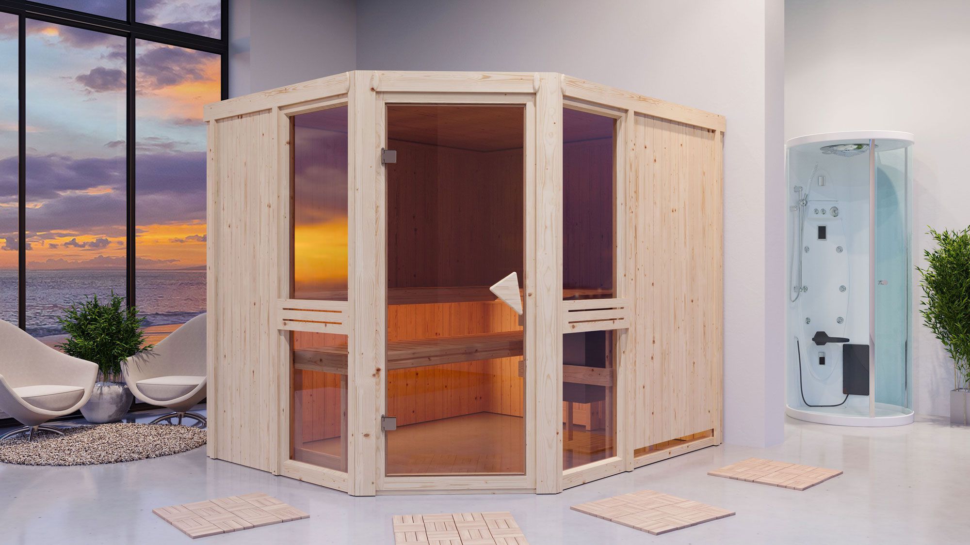 Tjelvar 3" sauna met bronskleurige deur - kleur: naturel - 231 x 196 x 198 cm (B x D x H)