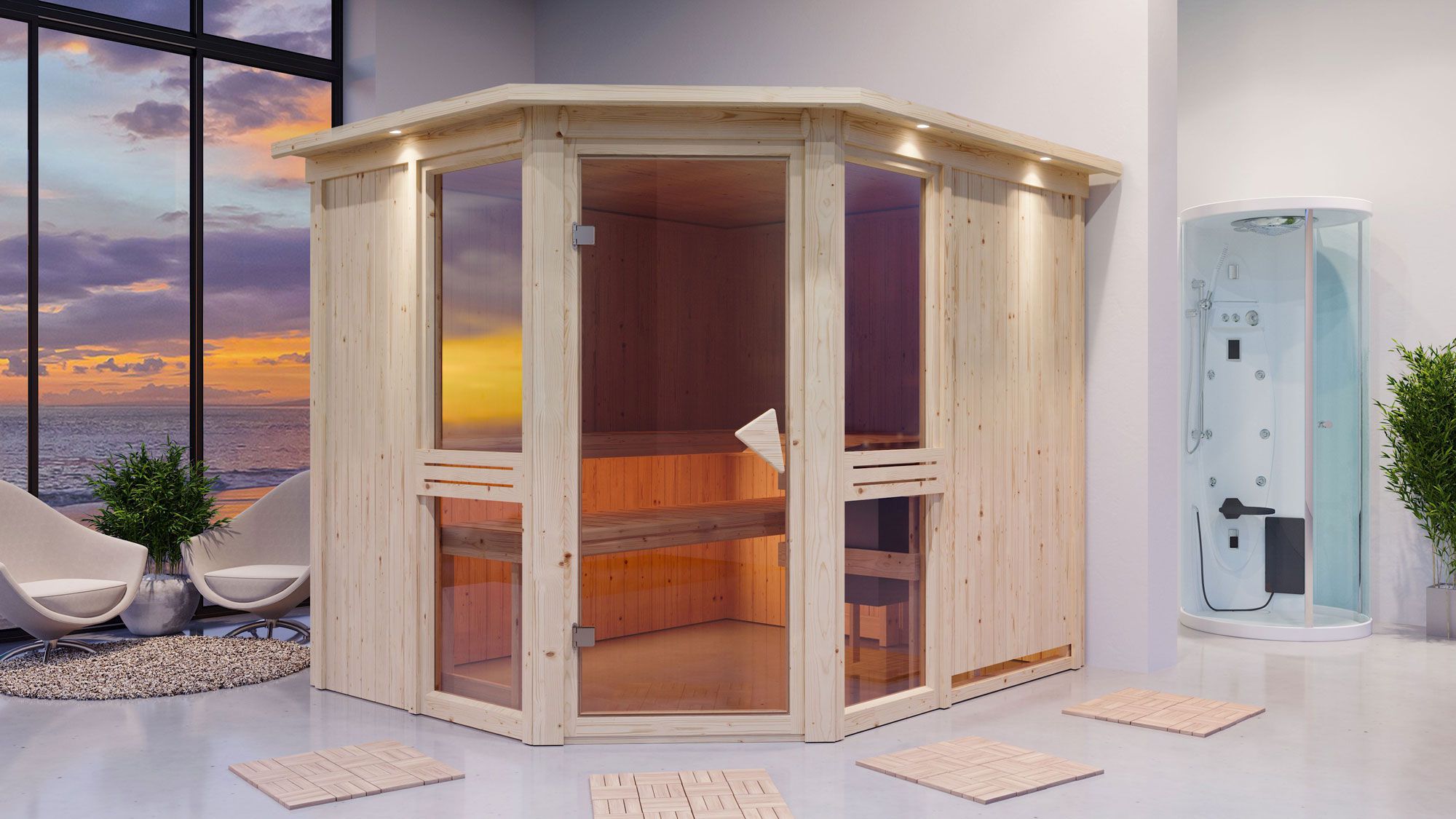Tjelvar 3" sauna met bronskleurige deur en rand - kleur: naturel - 245 x 210 x 202 cm (B x D x H)