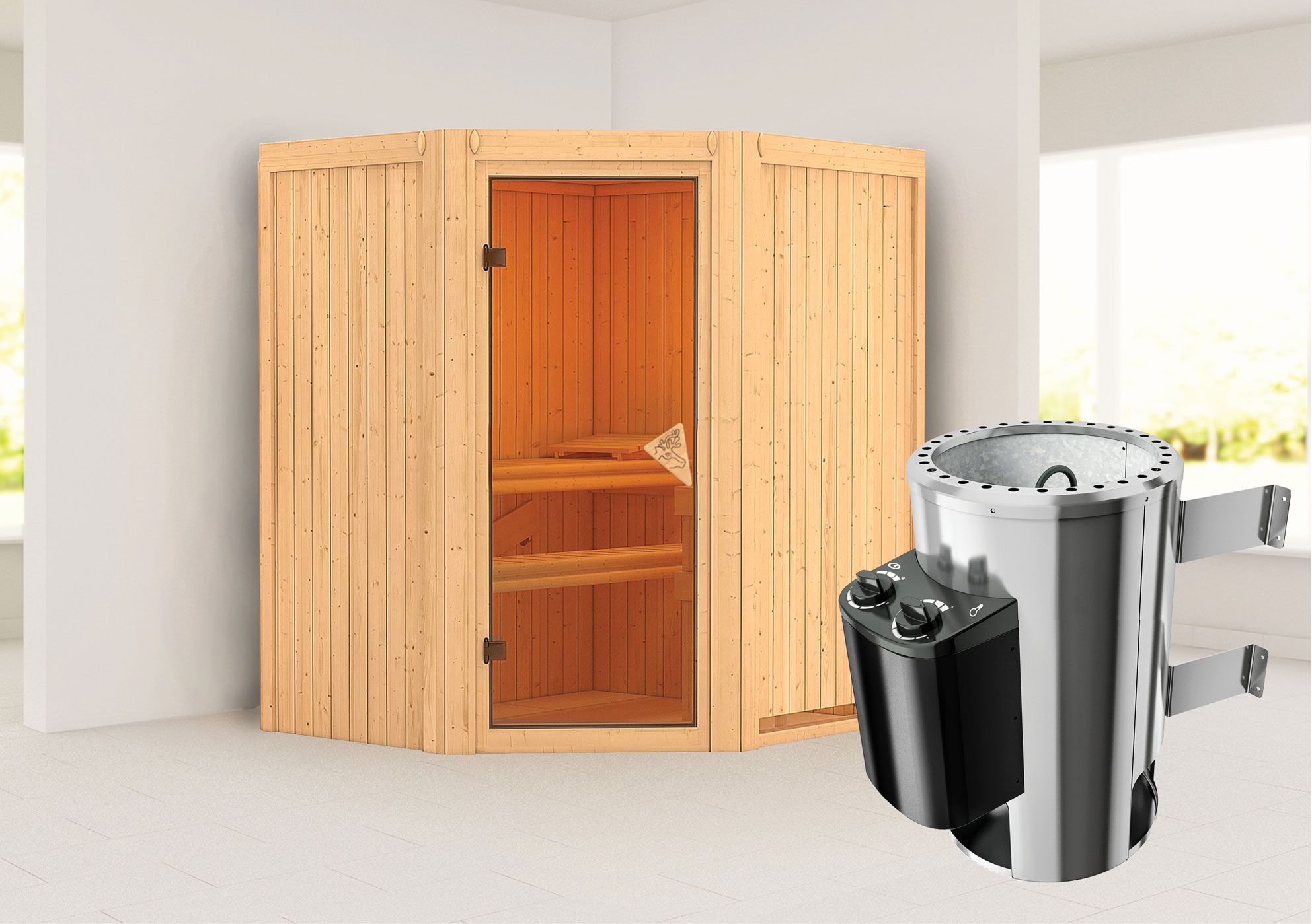 Sauna "Kjell" SET met bronskleurige deur - kleur: natuur, kachel 3,6 kW - 170 x 151 x 198 cm (B x D x H)
