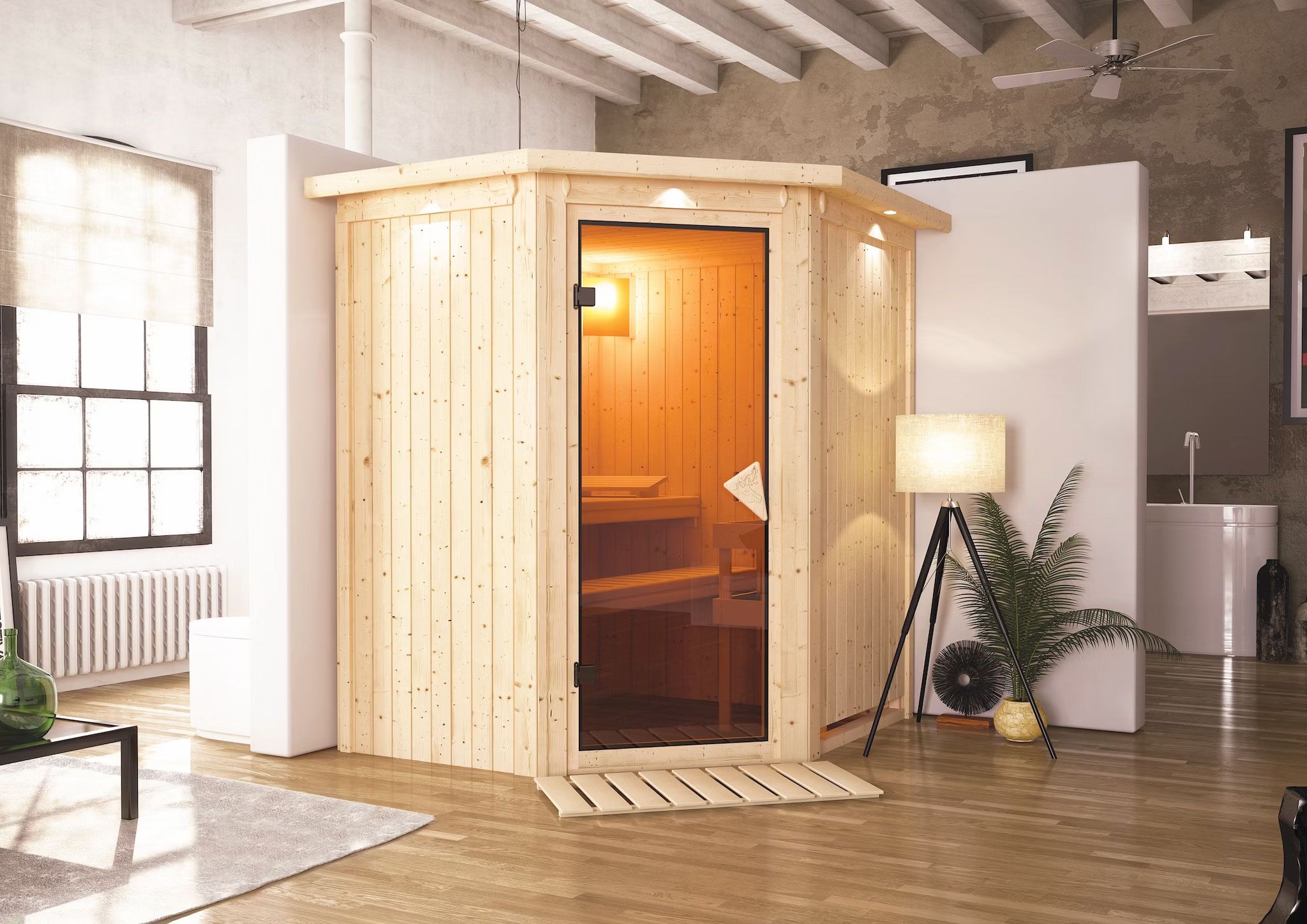 Sauna "Kjell" SET met bronskleurige deur - kleur: natuur, kachel externe regeling easy 3,6 kW - 170 x 151 x 198 cm (B x D x H)