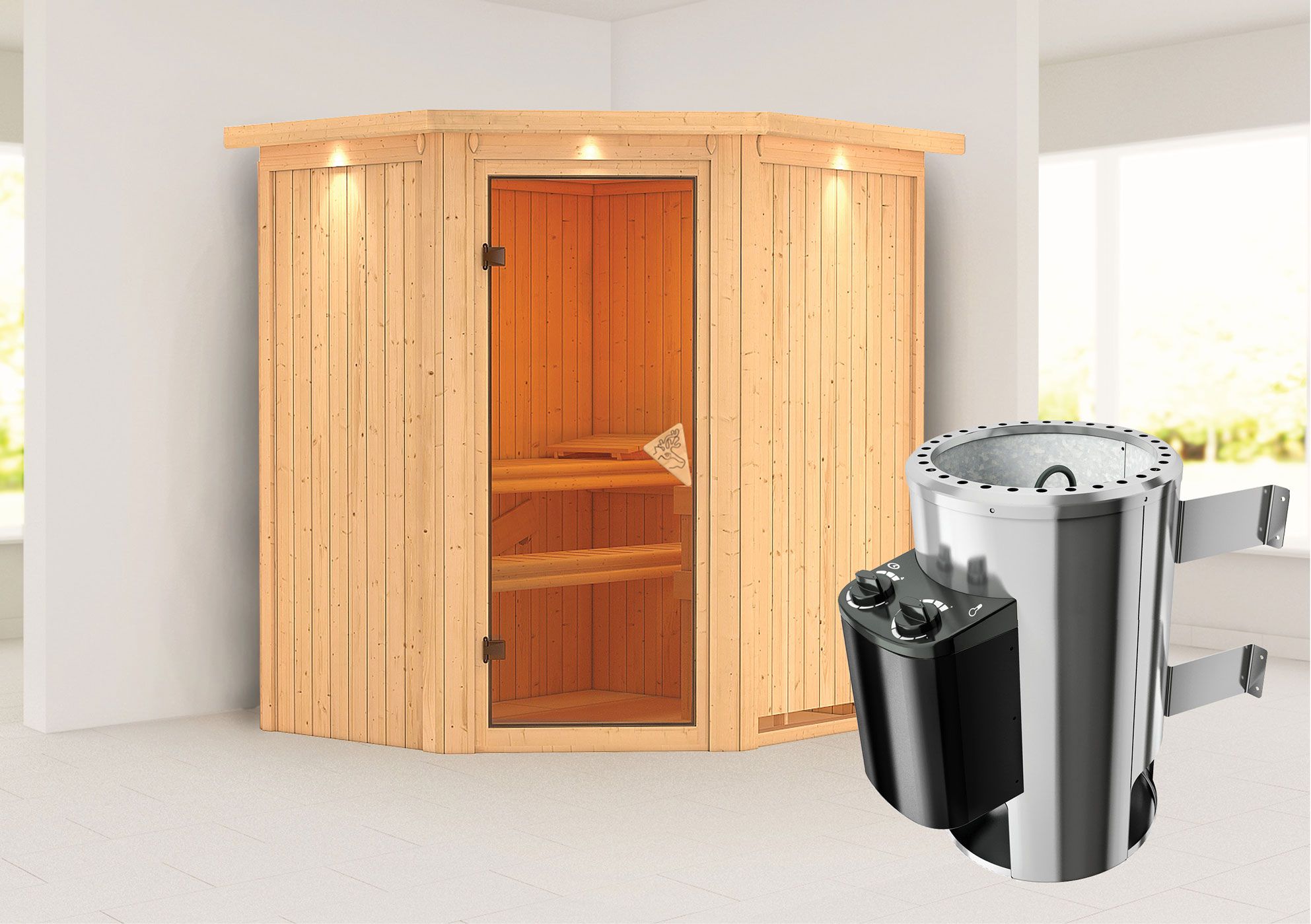 Sauna "Kjell" SET met krans - kleur: natuur, kachel 3,6 kW - 184 x 165 x 202 cm (B x D x H)