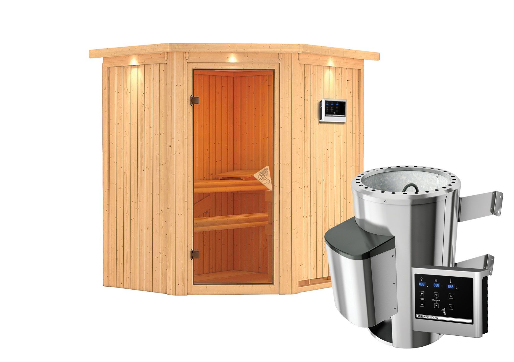 Sauna "Kjell" SET met krans - kleur: natuur, kachel externe regeling eenvoudig 3,6 kW - 184 x 165 x 202 cm (B x D x H)