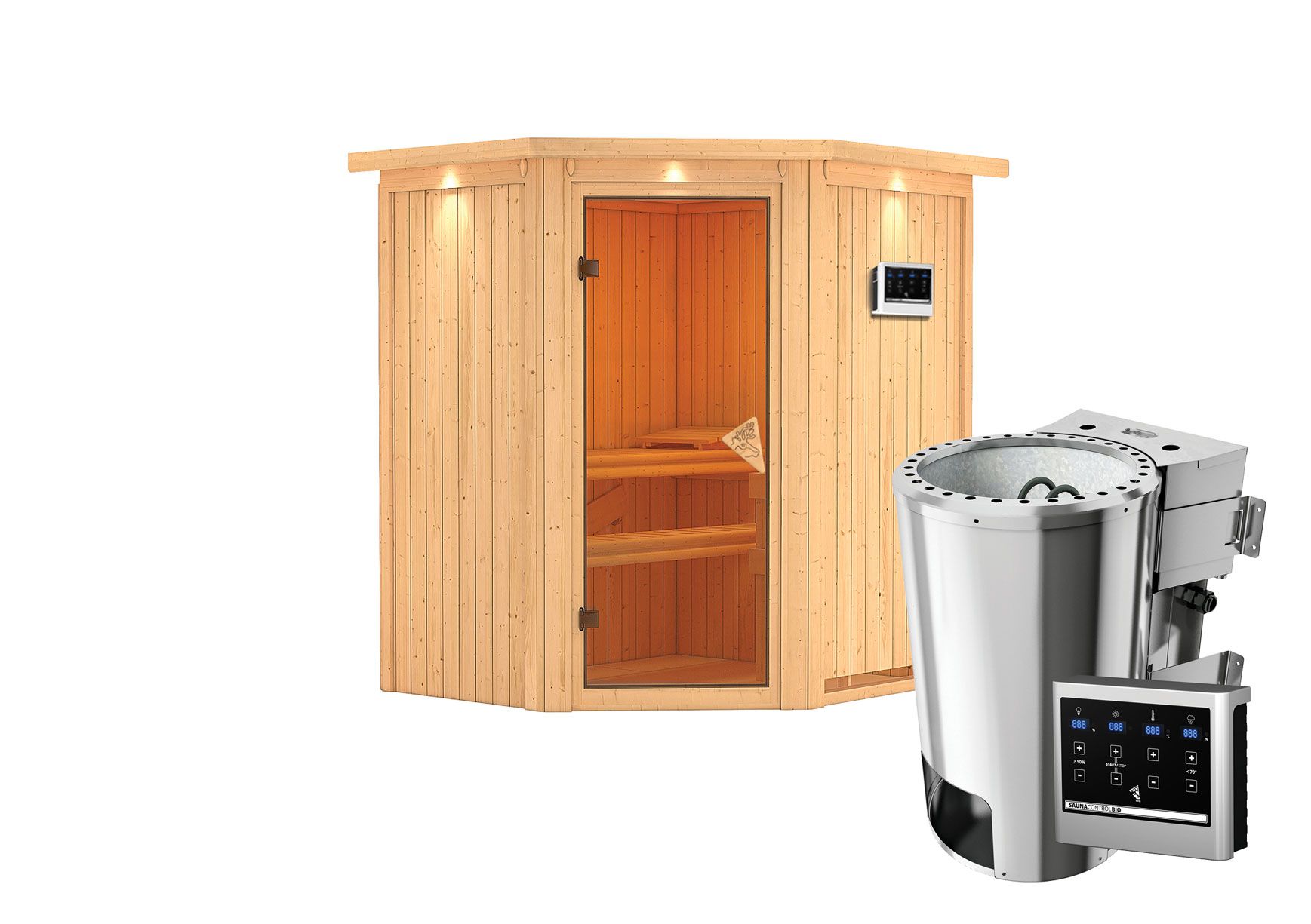 Sauna "Kjell" SET met krans - kleur: natuur, kachel BIO 3,6 kW - 184 x 165 x 202 cm (B x D x H)