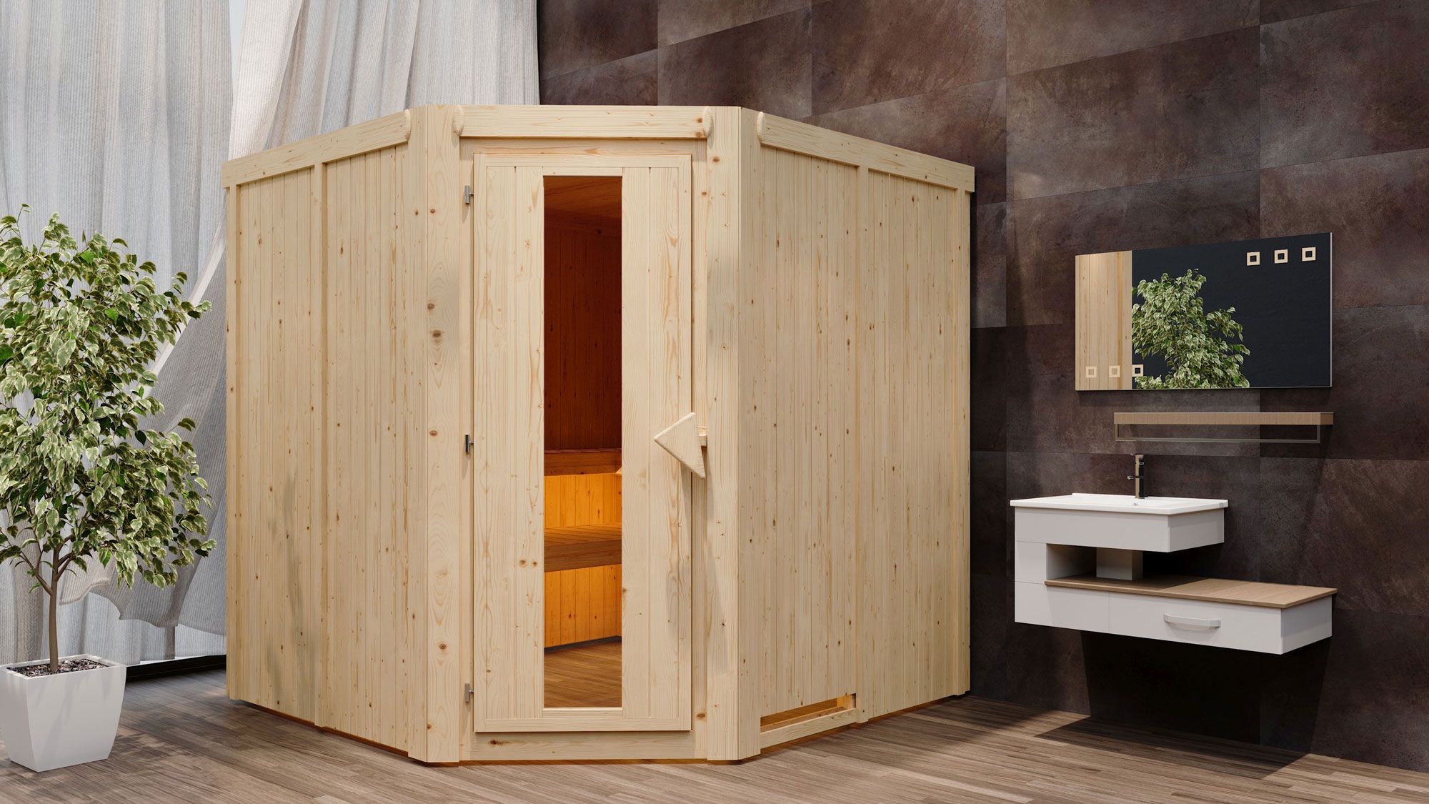 Nooa" sauna met energiebesparende deur - Kleur: Naturel - 196 x 196 x 198 cm (B x D x H)