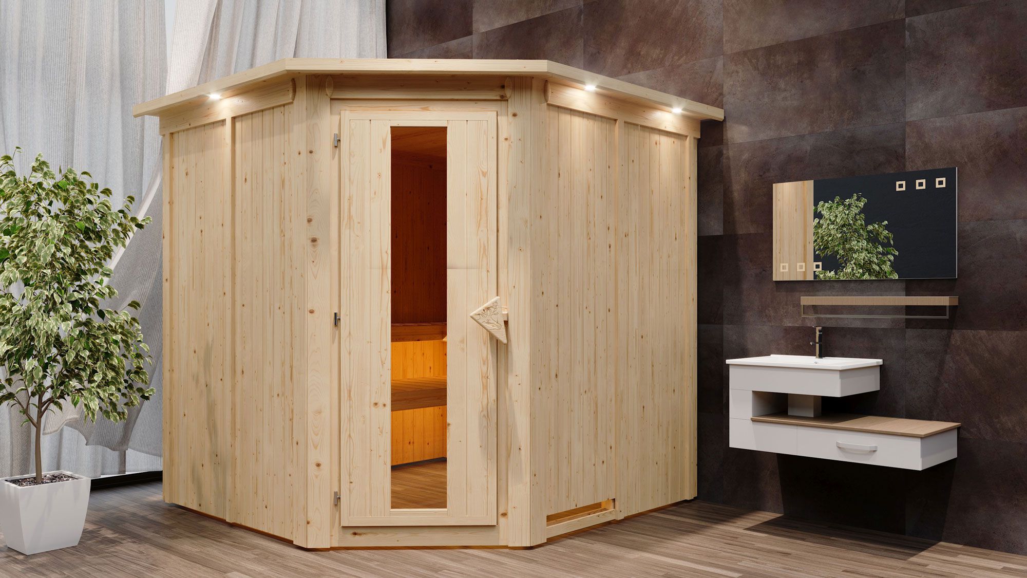 Sauna "Nooa" SET met kroon en energiebesparende deur - kleur: natuur, kachel externe regeling easy 9 kW - 210 x 210 x 202 cm (B x D x H)