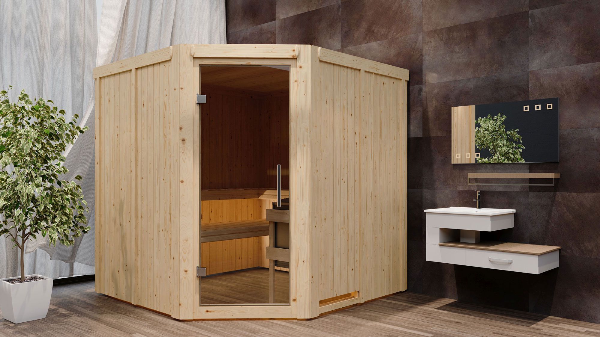 Sauna "Nooa" SET met grafietkleurige deur - kleur: naturel, kachel 9 kW - 196 x 196 x 198 cm (B x D x H)