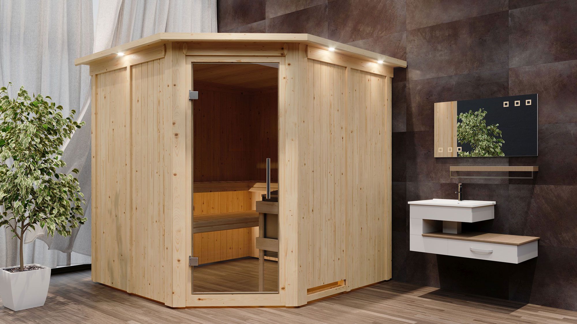 Sauna "Nooa" SET met kroonlijst en grafietkleurige deur - kleur: naturel, externe regelbare kachel easy 9 kW - 210 x 210 x 202 cm (B x D x H)