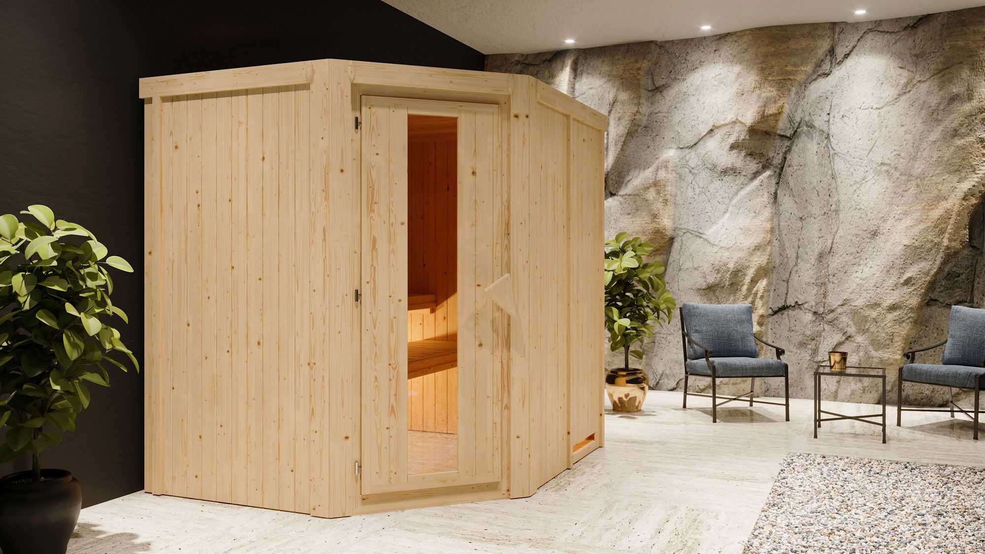 Sauna "Hanko" SET met energiebesparende deur - Kleur: Naturel, Kachel BIO 9 kW - 196 x 170 x 198 cm (B x D x H)