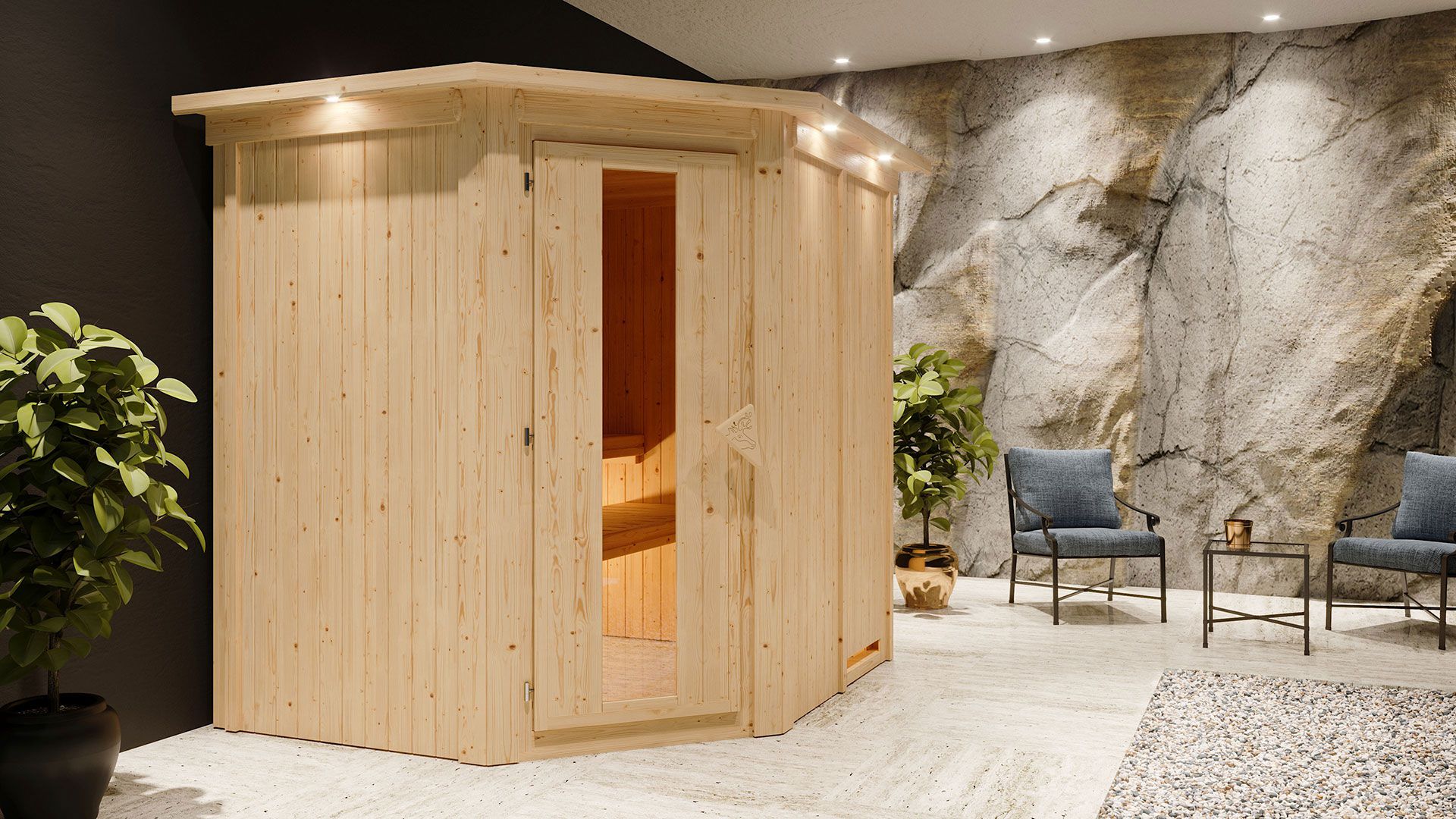 Sauna "Hanko" SET met kroon en energiebesparende deur - kleur: natuur, kachel externe regeling eenvoudig 9 kW - 210 x 184 x 202 cm (B x D x H)