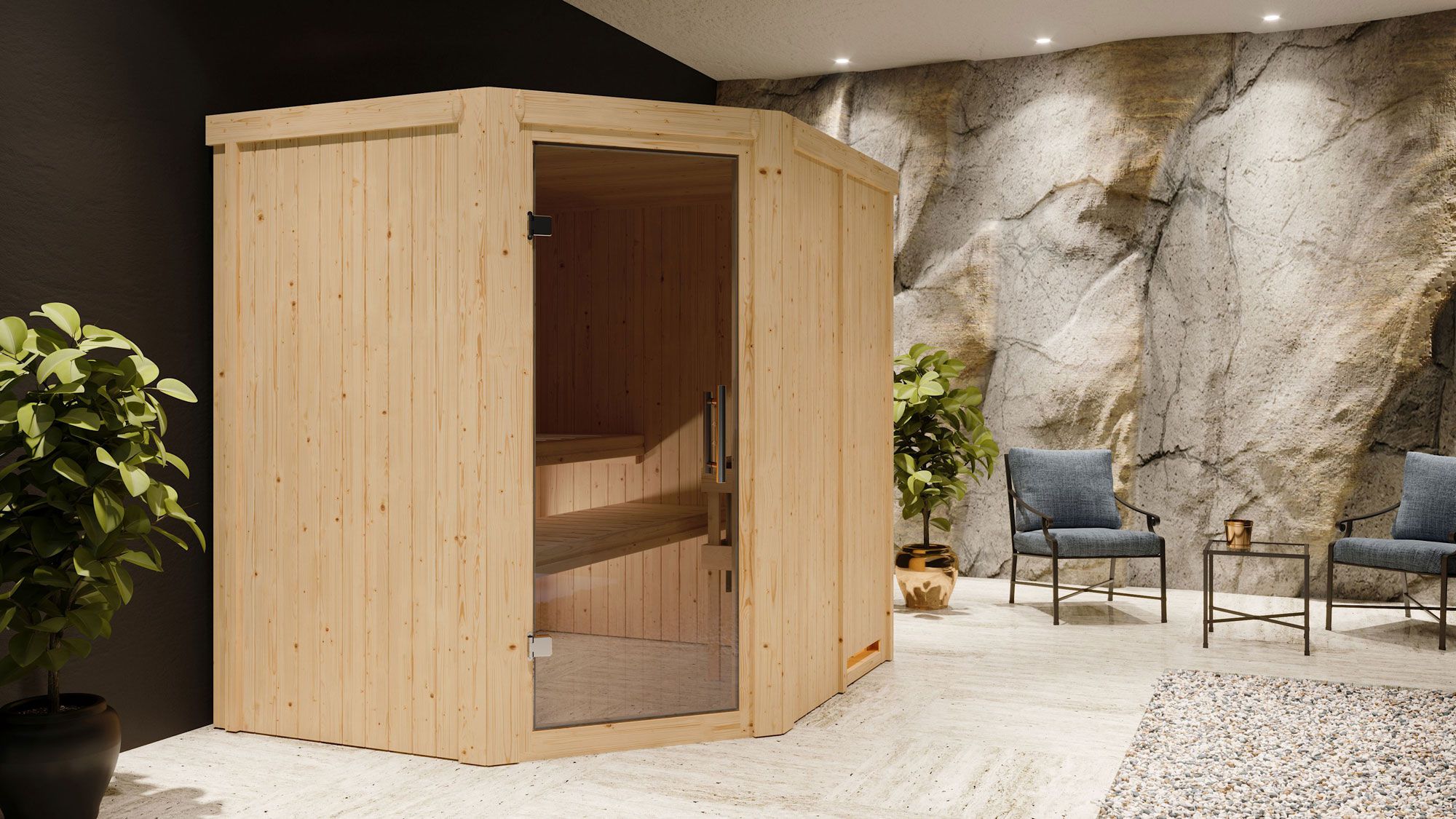Sauna "Hanko" SET met grafietkleurige deur - kleur: naturel, kachel 9 kW - 196 x 170 x 198 cm (B x D x H)