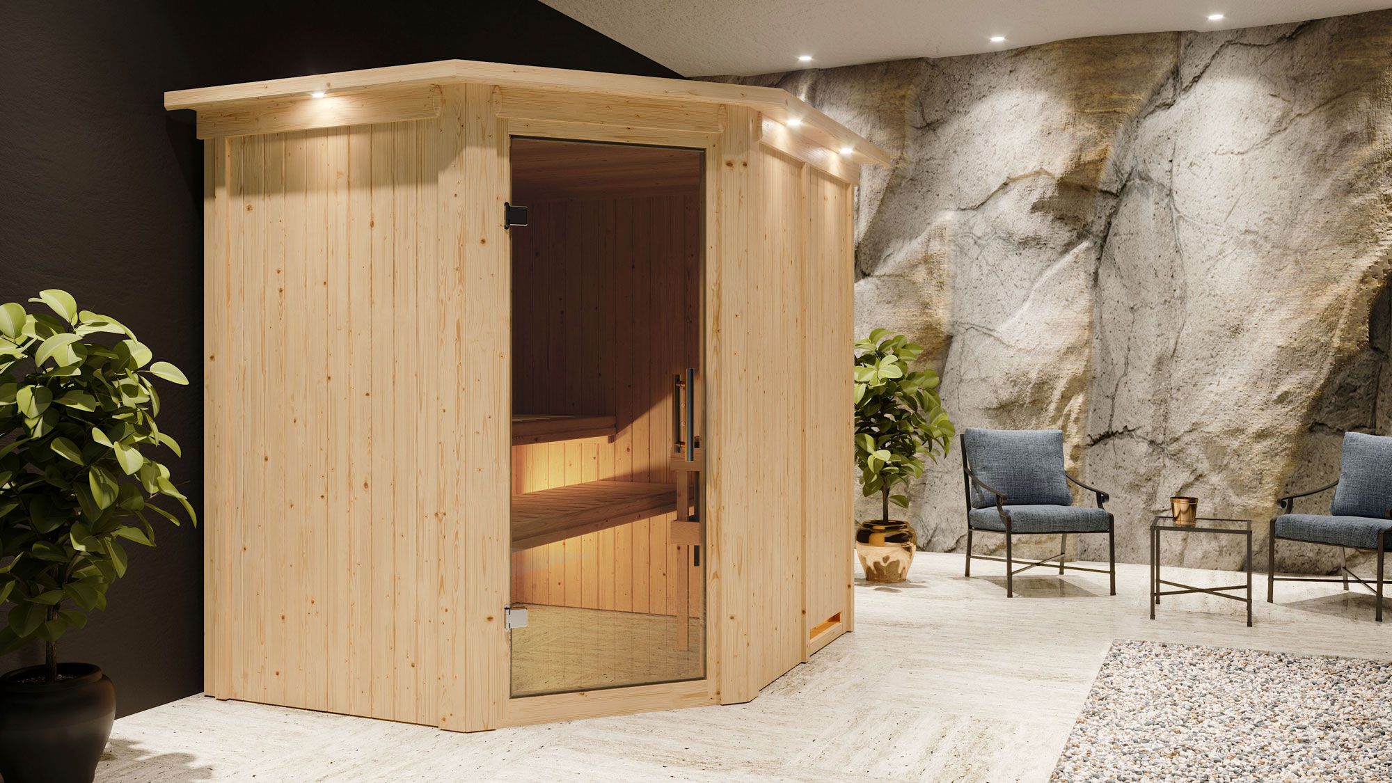 Sauna "Hanko" SET ACTION met krans en grafietkleurige deur - kleur: naturel, kachel externe regeling eenvoudig 9 kW - 210 x 184 x 202 cm (B x D x H)