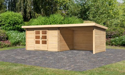 Berging / tuinhuis SET met lessenaarsdak incl. aanbouw dak, achterwand & zijwand, kleur: onbehandeld, grondoppervlakte: 9,52 m²