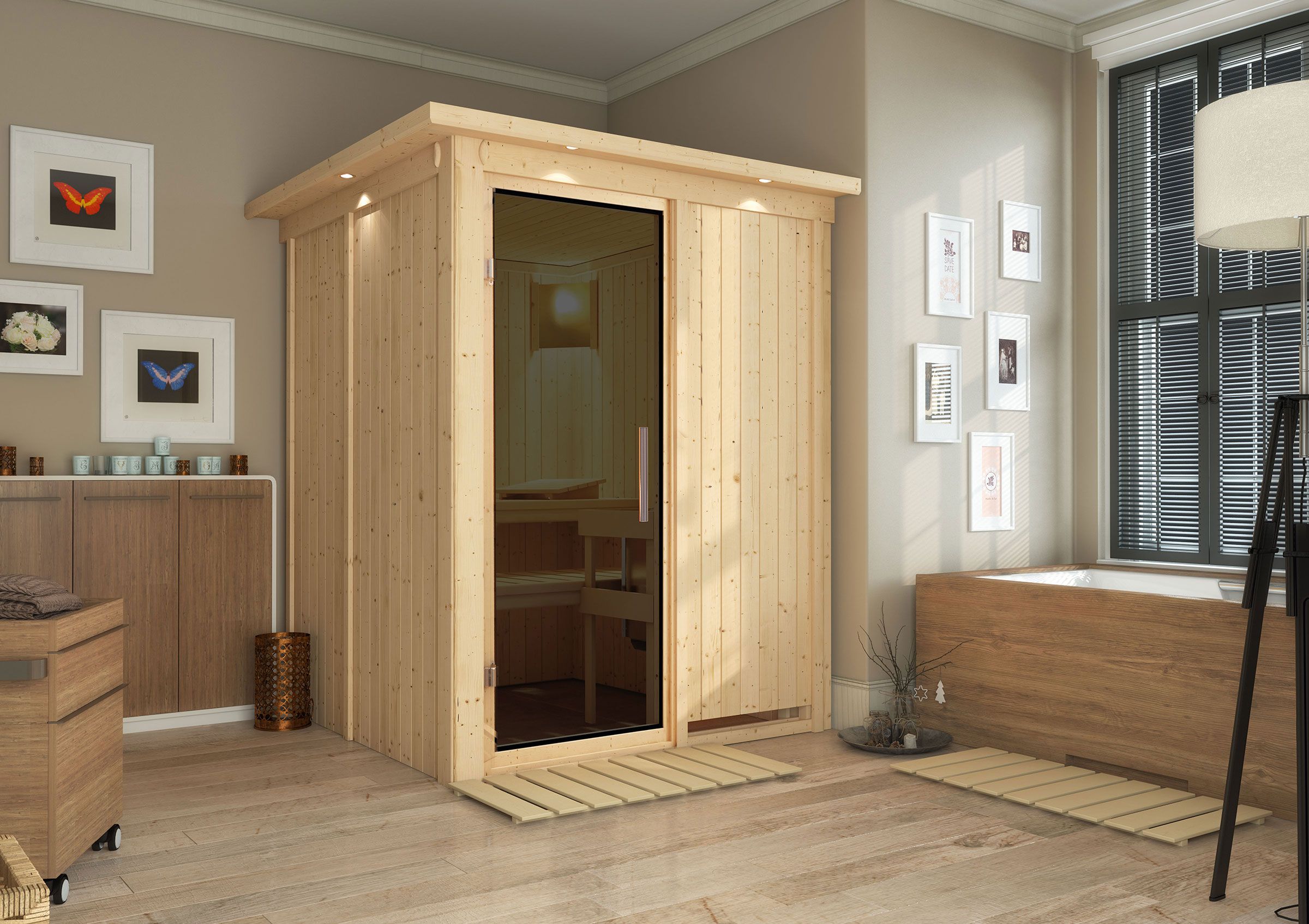 Niilo" sauna met grafietkleurige deur en rand - Kleur: Naturel - 165 x 165 x 202 cm (B x D x H)