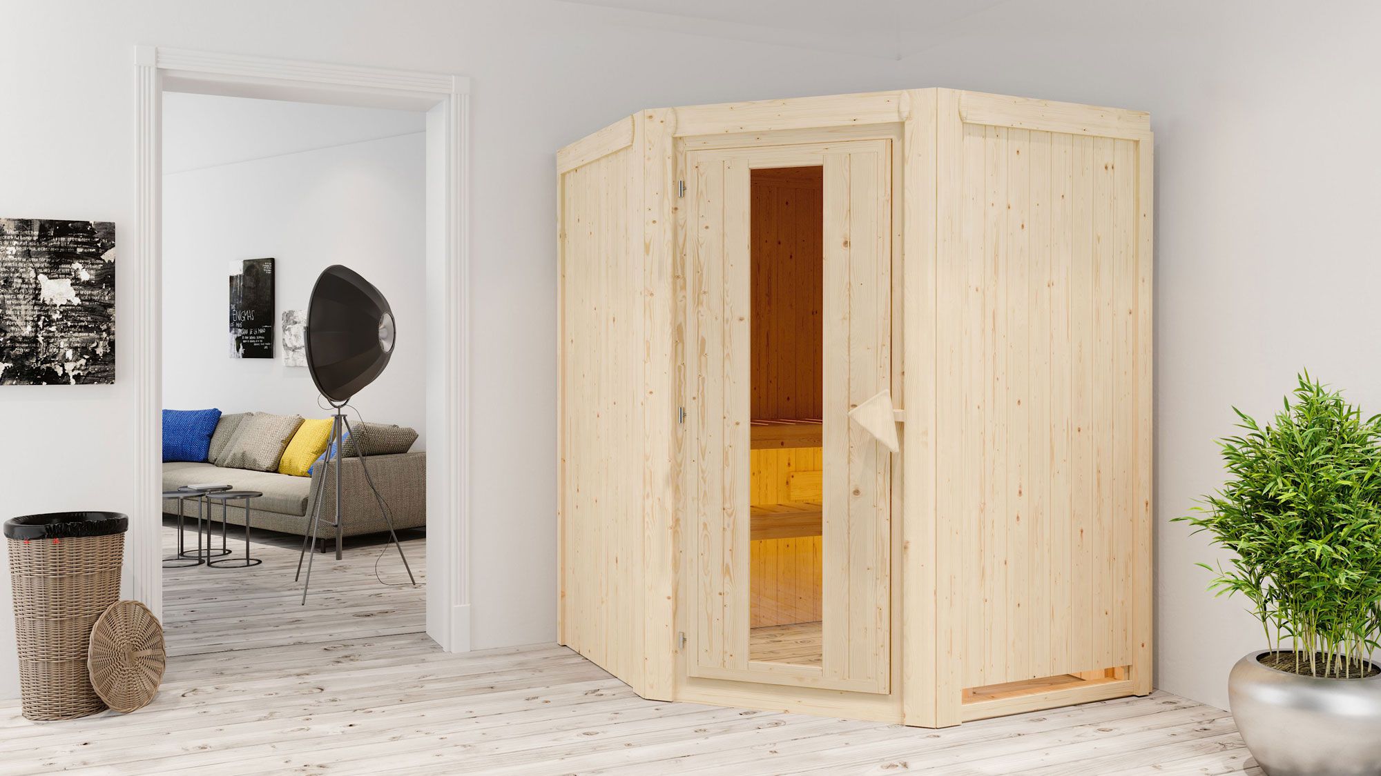 Sauna "Eetu" SET met energiebesparende deur - kleur: natuur, kachel 9 kW - 151 x 151 x 198 cm (B x D x H)