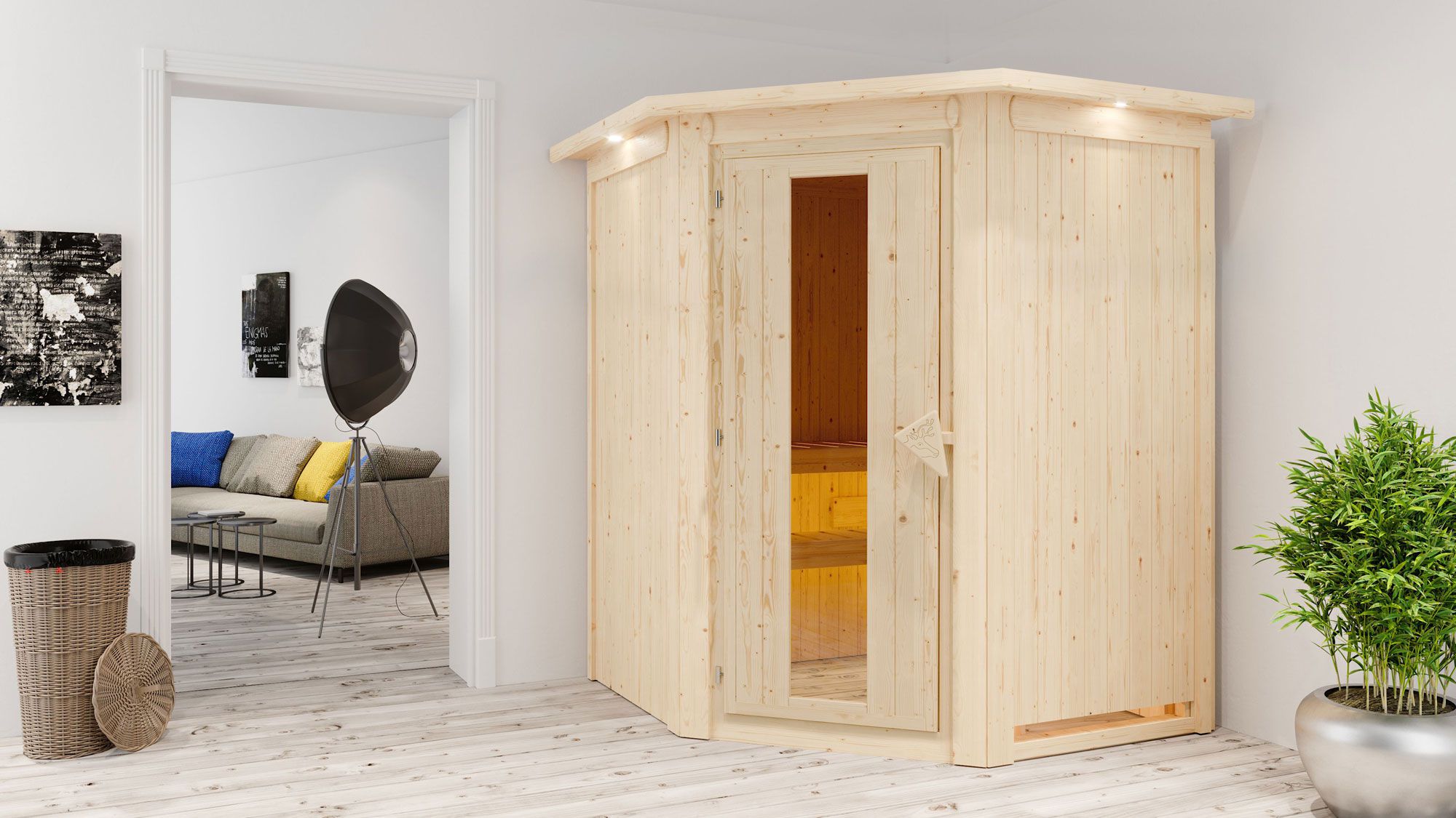 Sauna "Eetu" SET met energiebesparende deur en kroon - kleur: natuur, kachel externe regeling easy 9 kW - 165 x 165 x 202 cm (B x D x H)