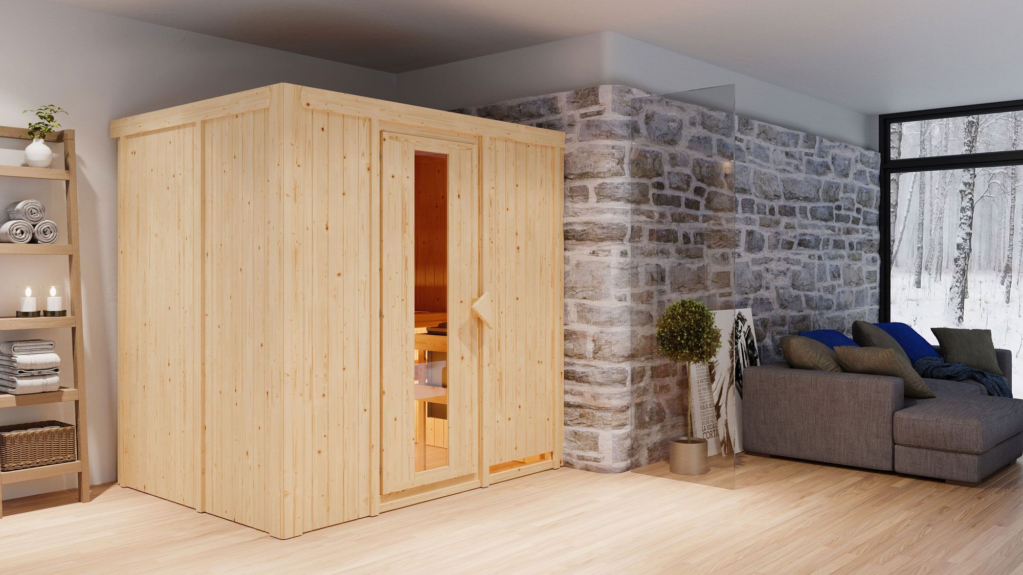 Sauna "Veli" SET met energiebesparende deur - kleur: natuur, kachel externe regeling eenvoudig 9 kW - 196 x 151 x 198 cm (B x D x H)