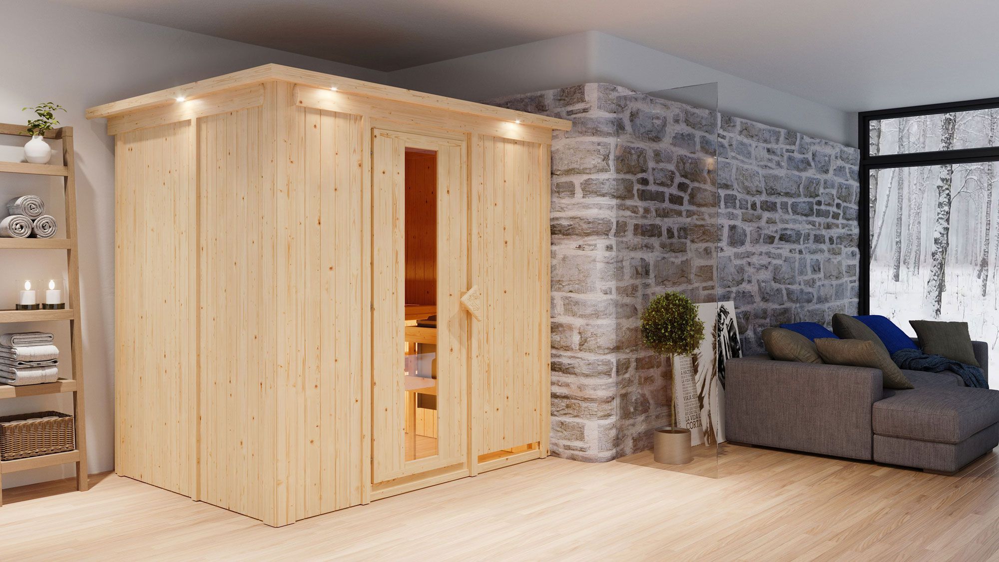 Sauna "Veli" SET met energiebesparende deur en kroon - kleur: natuur, kachel BIO 9 kW - 210 x 165 x 202 cm (B x D x H)