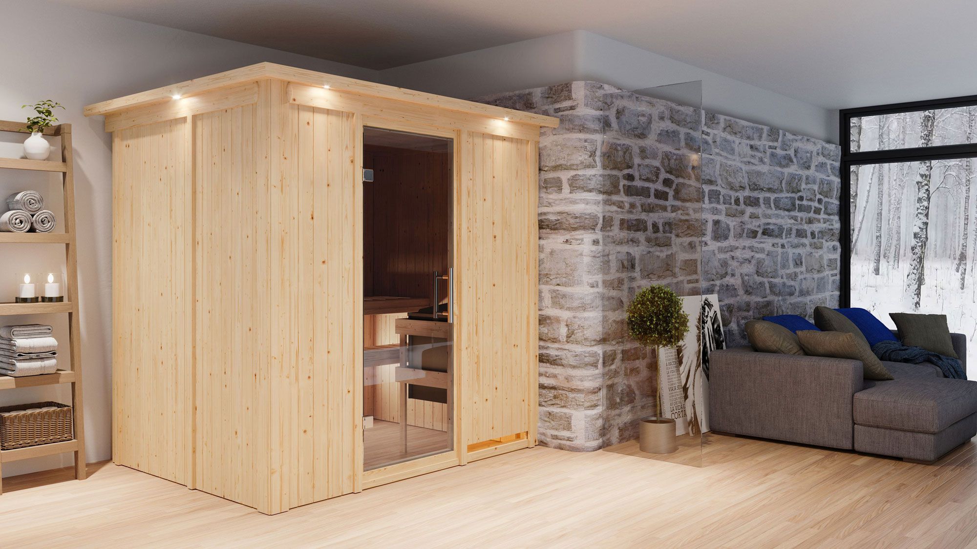 Sauna "Veli" SET met grafietkleurige deur en rand - kleur: naturel, kachel 9 kW - 210 x 165 x 202 cm (B x D x H)