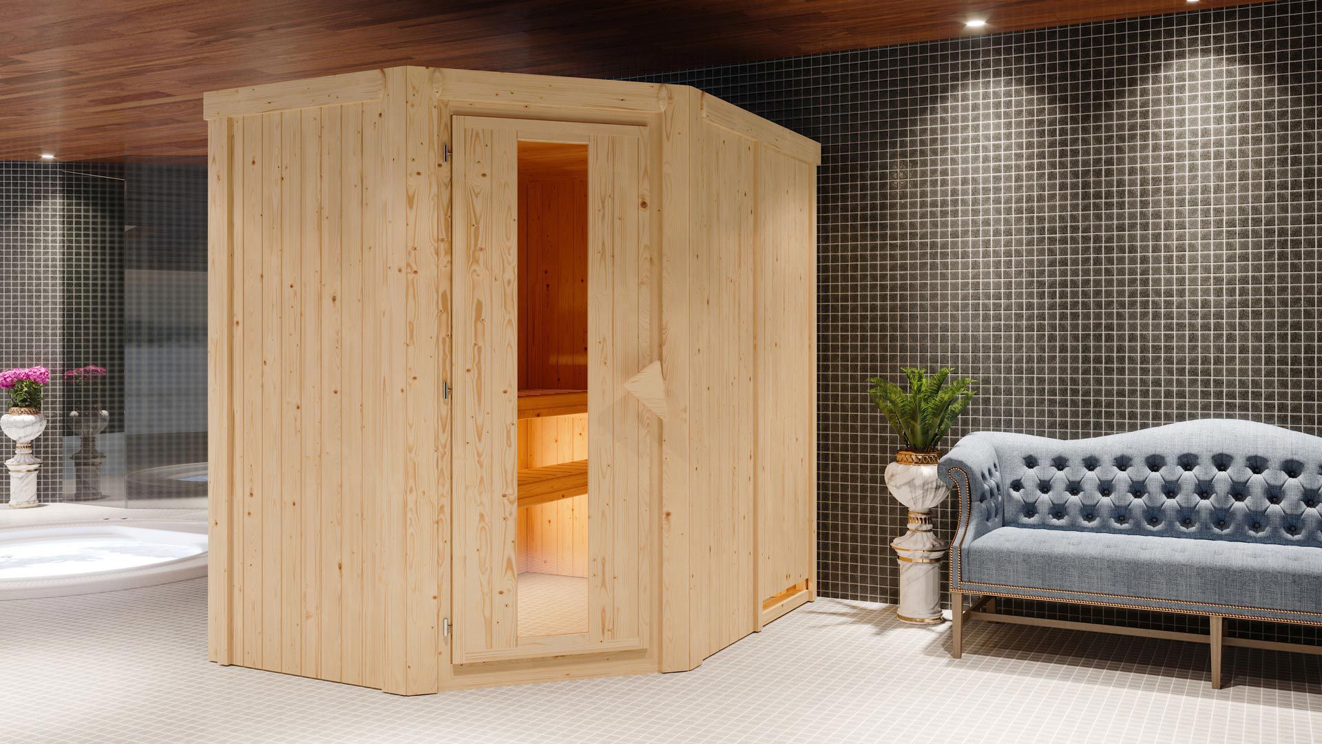 Sauna "Mika" SET met energiebesparende deur - kleur: natuur, kachel BIO 9 kW - 151 x 196 x 198 cm (B x D x H)