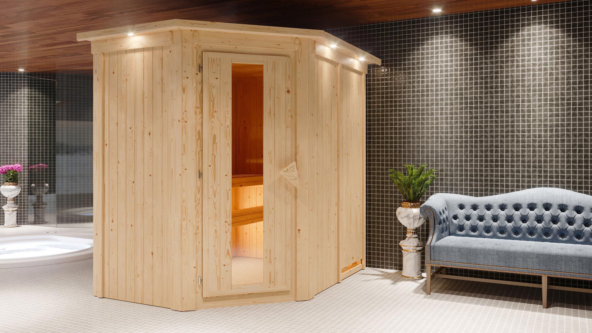 Sauna "Mika" SET met energiebesparende deur en kroonlijst - kleur: natuur, kachel 9 kW - 165 x 210 x 202 cm (B x D x H)