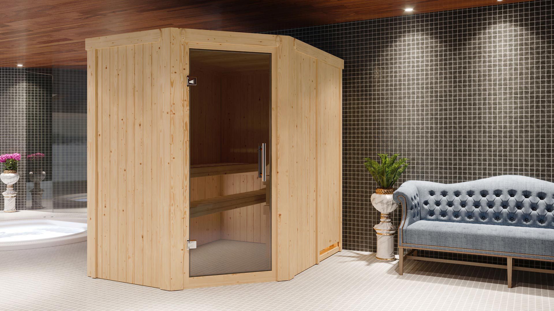 Sauna "Mika" SET met grafietkleurige deur - kleur: naturel, kachel externe regeling eenvoudig 9 kW - 151 x 196 x 198 cm (B x D x H)