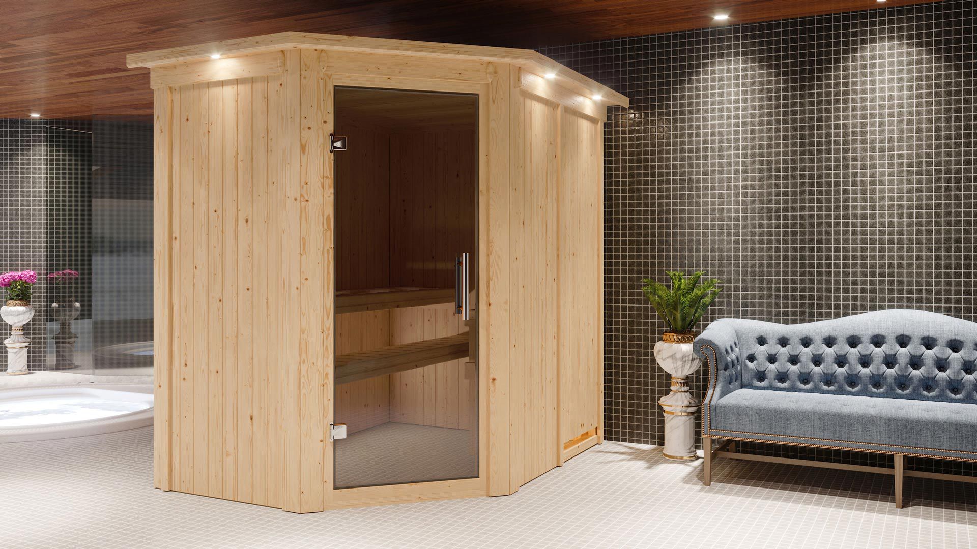 Sauna "Mika" SET met grafietkleurige deur en rand - kleur: naturel, kachel 9 kW - 165 x 210 x 202 cm (B x D x H)