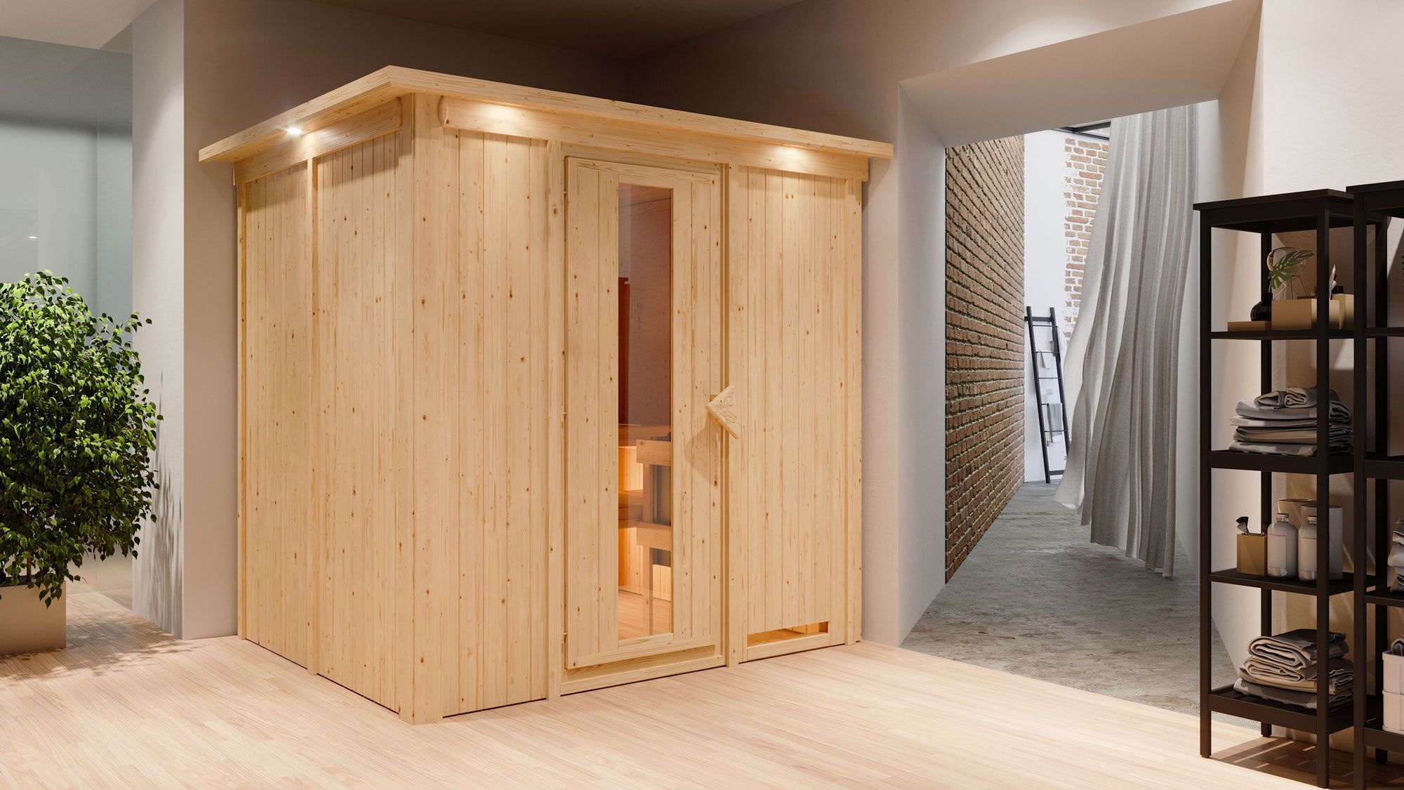 Eemil" sauna met energiebesparende deur en rand - Kleur: Naturel - 210 x 184 x 202 cm (B x D x H)