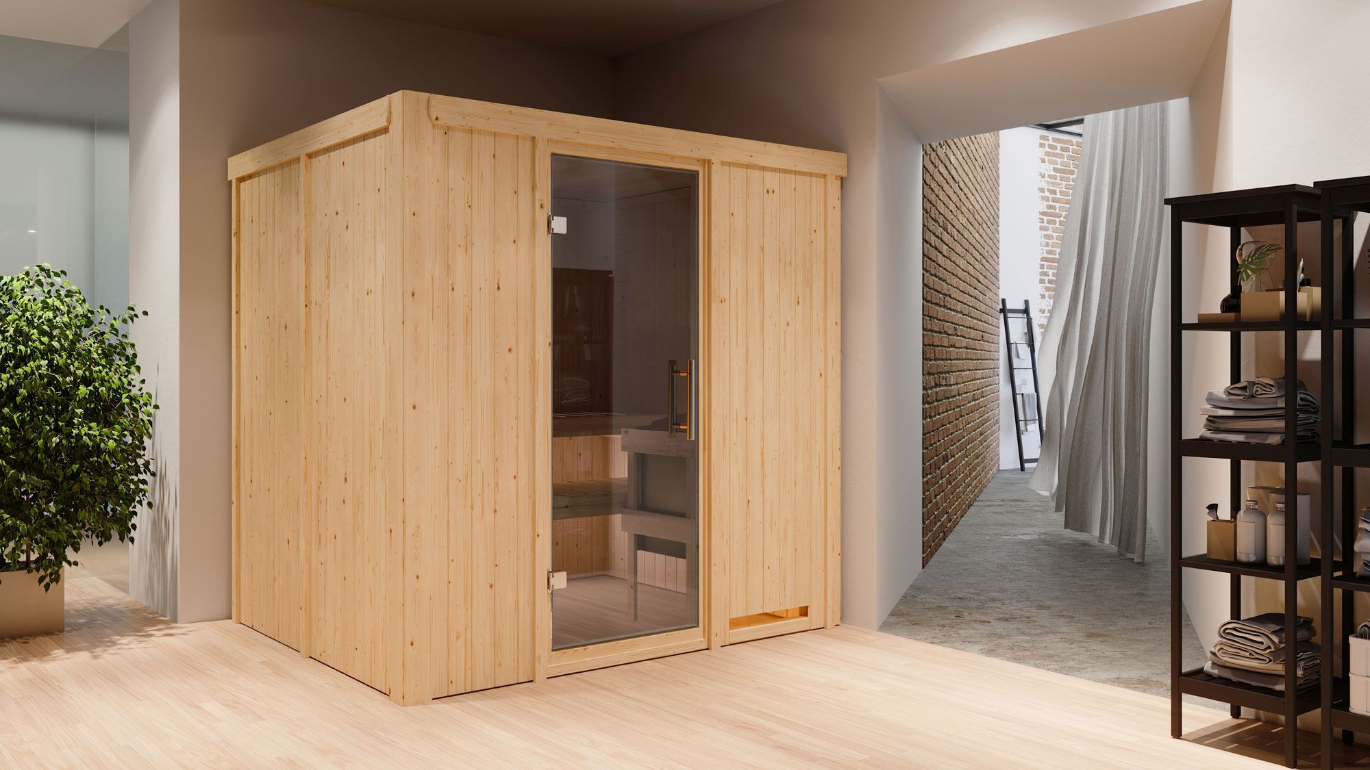 Sauna "Eemil" SET met grafietkleurige deur - kleur: naturel, kachel externe regeling eenvoudig 9 kW - 196 x 170 x 198 cm (B x D x H)
