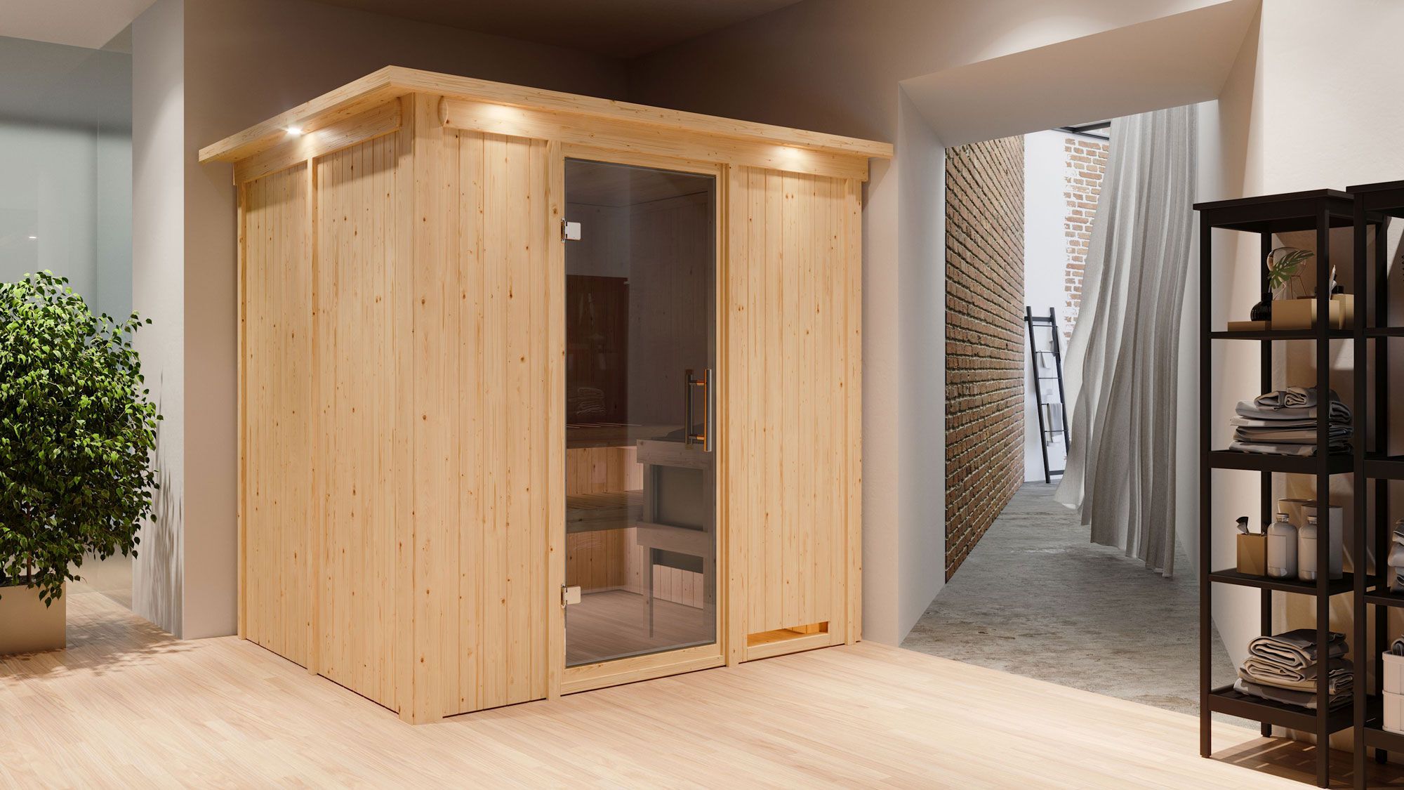 Sauna "Eemil" SET met grafietkleurige deur en rand - kleur: naturel, kachel externe regeling eenvoudig 9 kW - 210 x 184 x 202 cm (B x D x H)