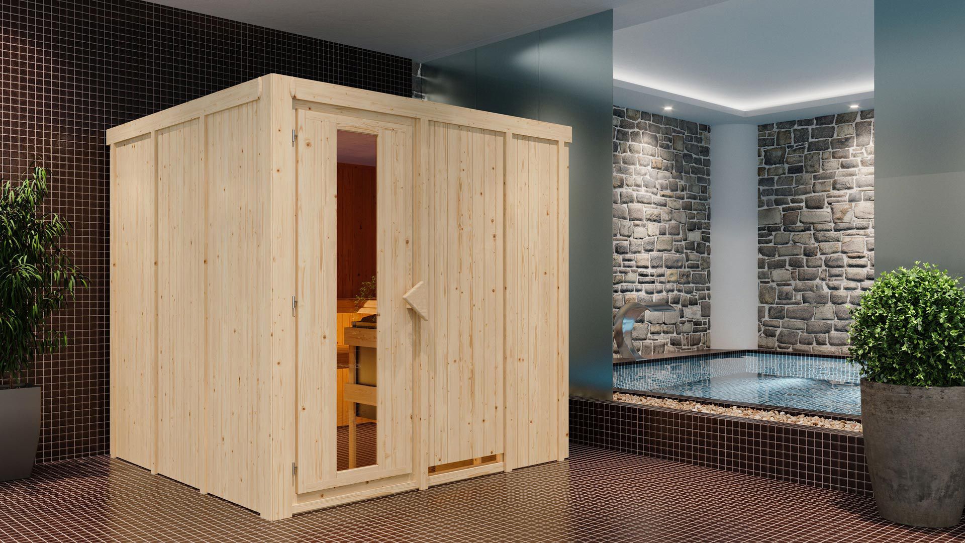Sauna "Aleksi" SET met energiebesparende deur - kleur: natuur, kachel externe regeling eenvoudig 9 kW - 196 x 196 x 198 cm (B x D x H)