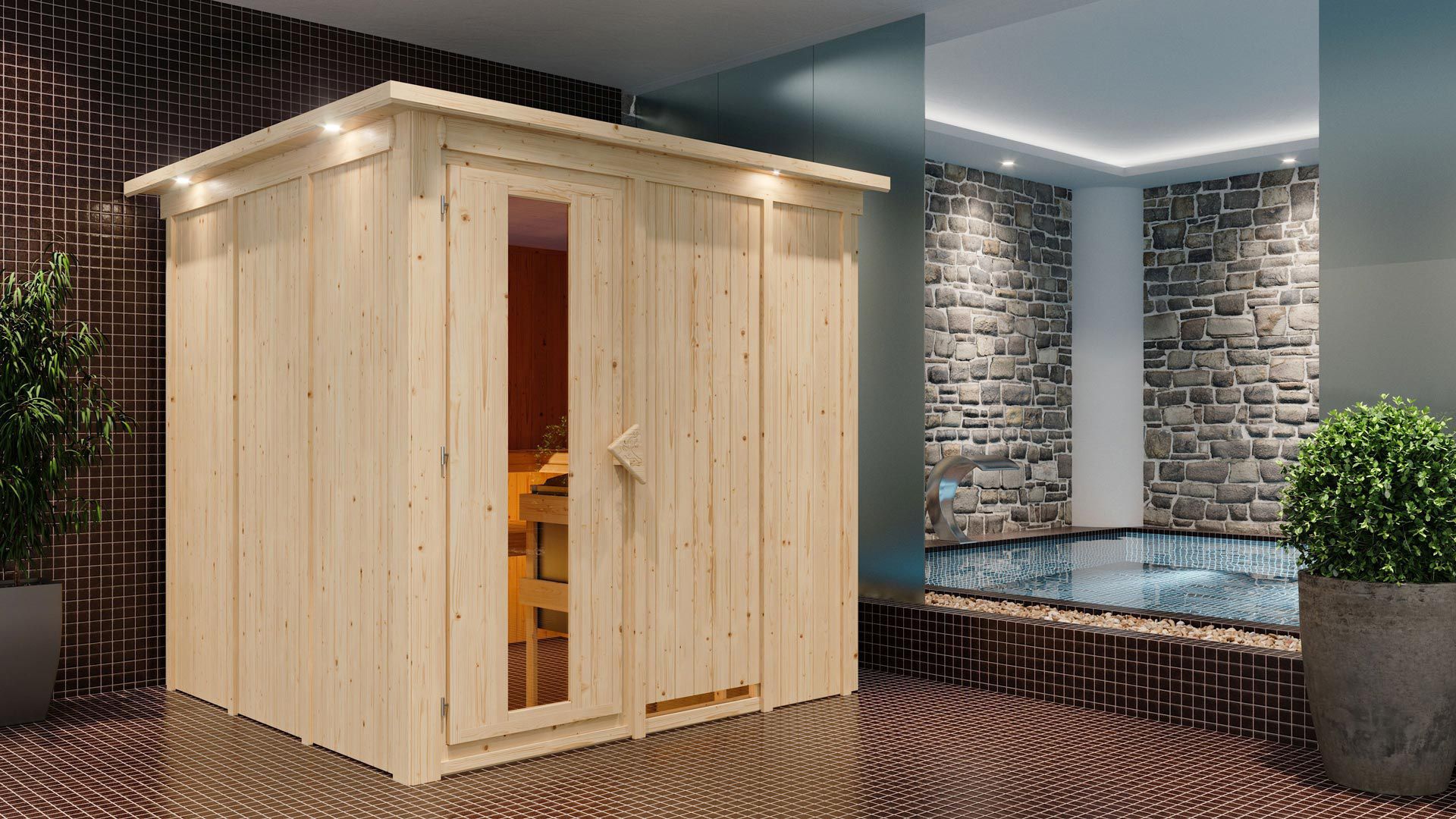 Sauna "Aleksi" SET met energiebesparende deur en kroon - kleur: natuur, kachel externe regeling eenvoudig 9 kW - 210 x 210 x 202 cm (B x D x H)