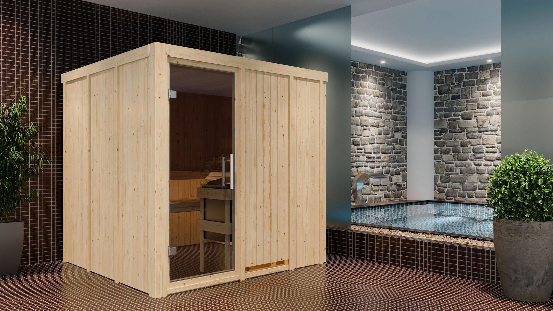 Sauna "Aleksi" SET met grafietkleurige deur - kleur: naturel, kachel externe regeling eenvoudig 9 kW - 196 x 196 x 198 cm (B x D x H)