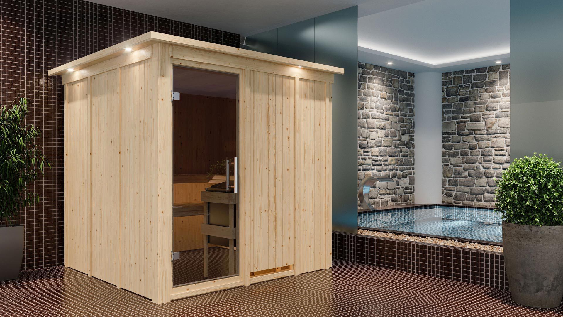 Sauna "Aleksi" SET met grafietkleurige deur en rand - Kleur: Naturel, kachel 9 kW - 210 x 210 x 202 cm (B x D x H)