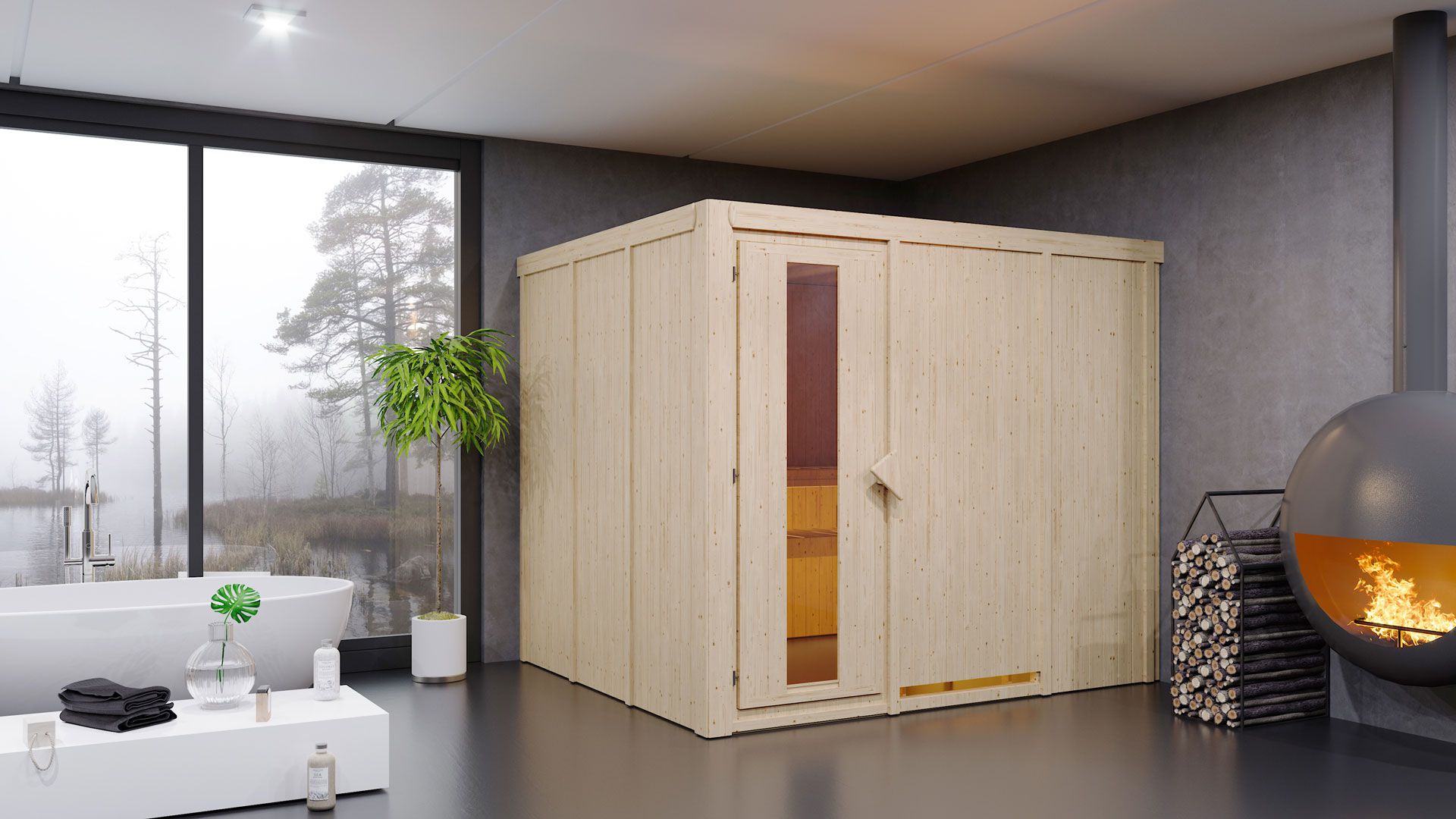 Sauna "Toivo" SET met energiebesparende deur - kleur: naturel, kachel externe regeling eenvoudig 9 kW - 231 x 196 x 198 cm (B x D x H)