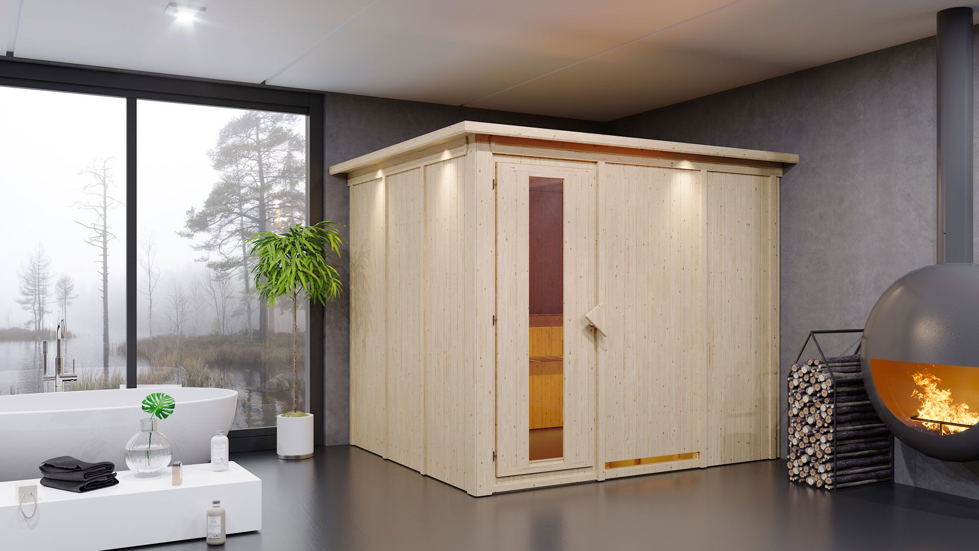 Sauna "Toivo" SET met energiebesparende deur en kroon - kleur: naturel, kachel 9 kW, klimaatmeter, zandloper, badreglement - 245 x 210 x 202 cm (B x D x H)