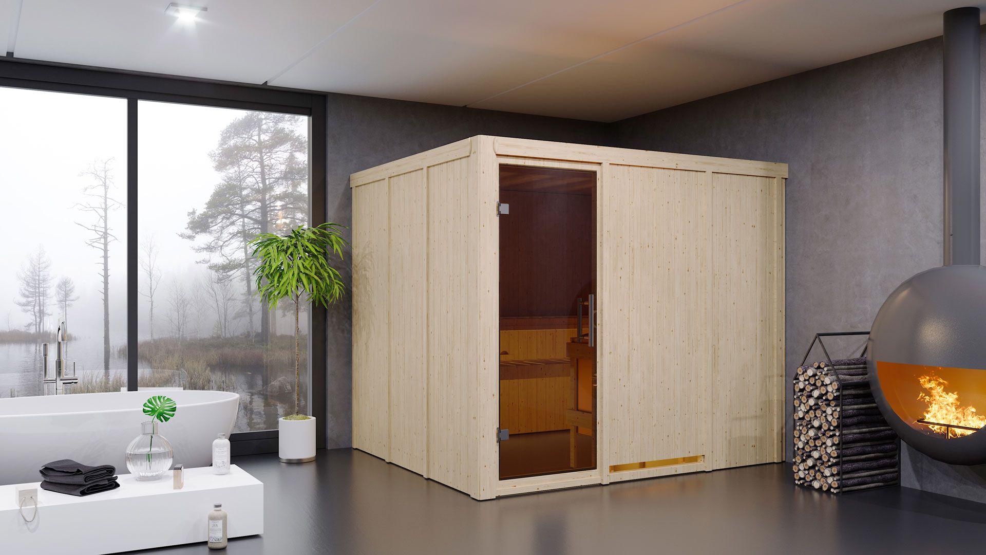 Sauna "Toivo" met grafietkleurige deur - Kleur: Natuurlijk - 231 x 196 x 198 cm (B x D x H)