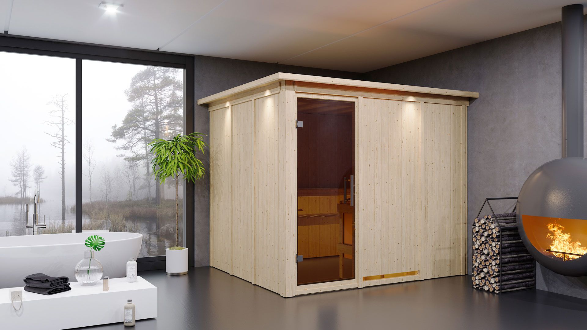 Sauna "Toivo" SET met grafietkleurige deur en rand - Kleur: Naturel, kachel 9 kW - 245 x 210 x 202 cm (B x D x H)