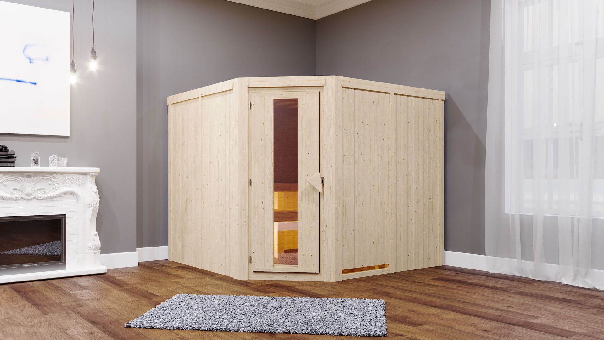 Sauna "Samu" SET met energiebesparende deur - kleur: naturel, kachel externe regeling eenvoudig 9 kW - 231 x 196 x 198 cm (B x D x H)