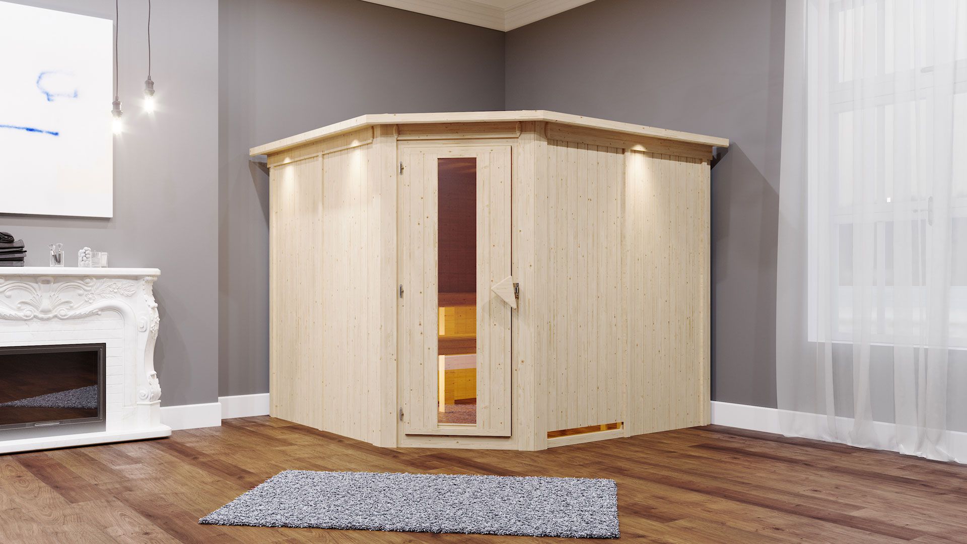 Samu" sauna SET met energiebesparende deur en rand - kleur: naturel, 9 kW kachel - 245 x 210 x 202 cm (B x D x H)