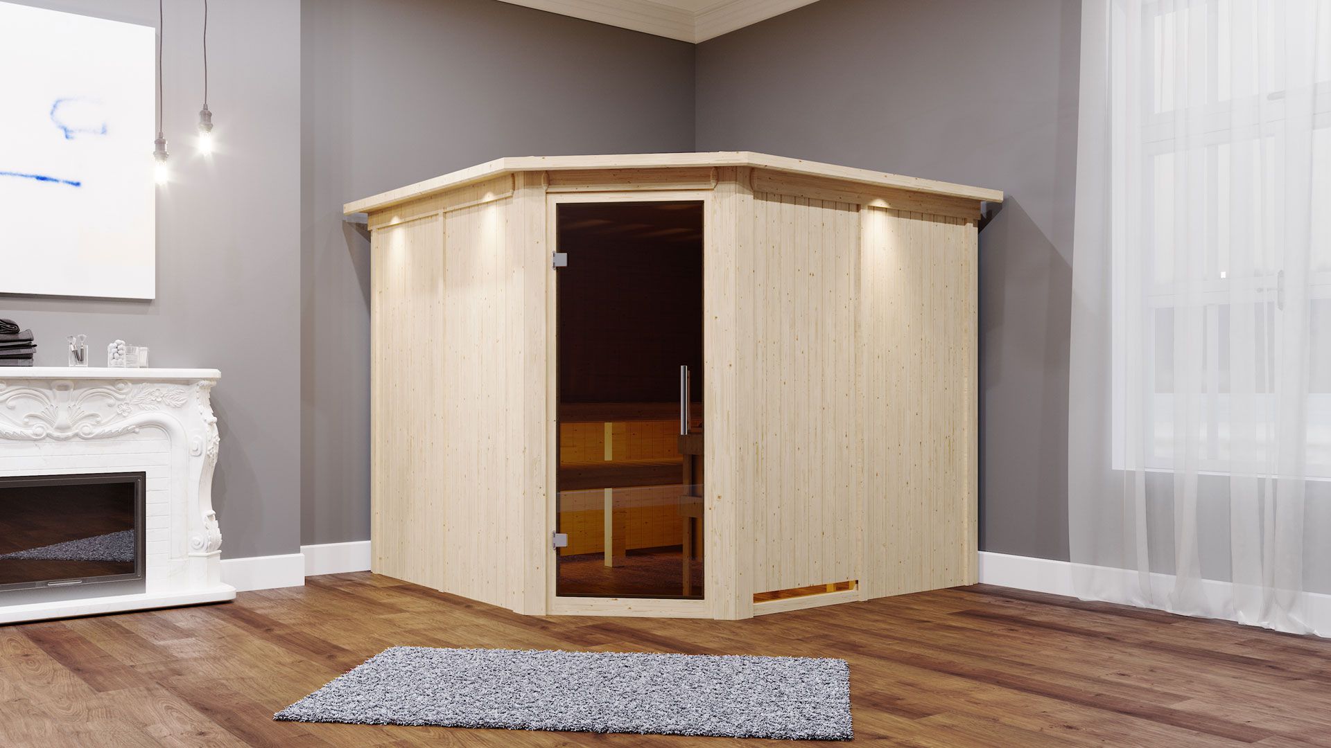 Sauna "Samu" SET met grafietkleurige deur en rand - kleur: naturel, kachel externe regeling eenvoudig 9 kW - 245 x 210 x 202 cm (B x D x H)